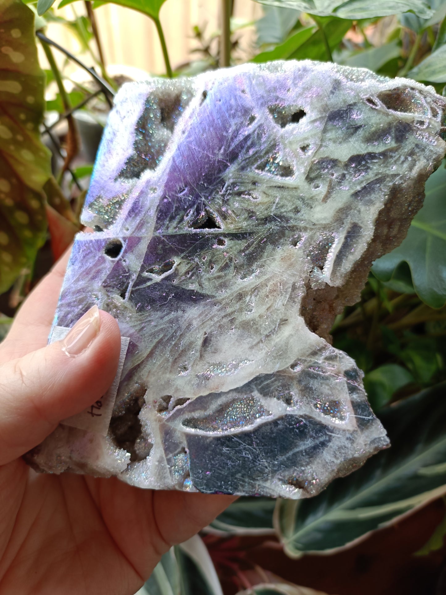 Aura Coated Brecciated Quartz Chalcedony Slab + Stand - 620g