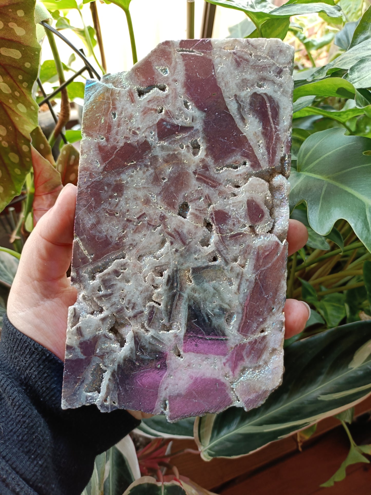 Aura Coated Brecciated Quartz Chalcedony Slab + Stand - 594g