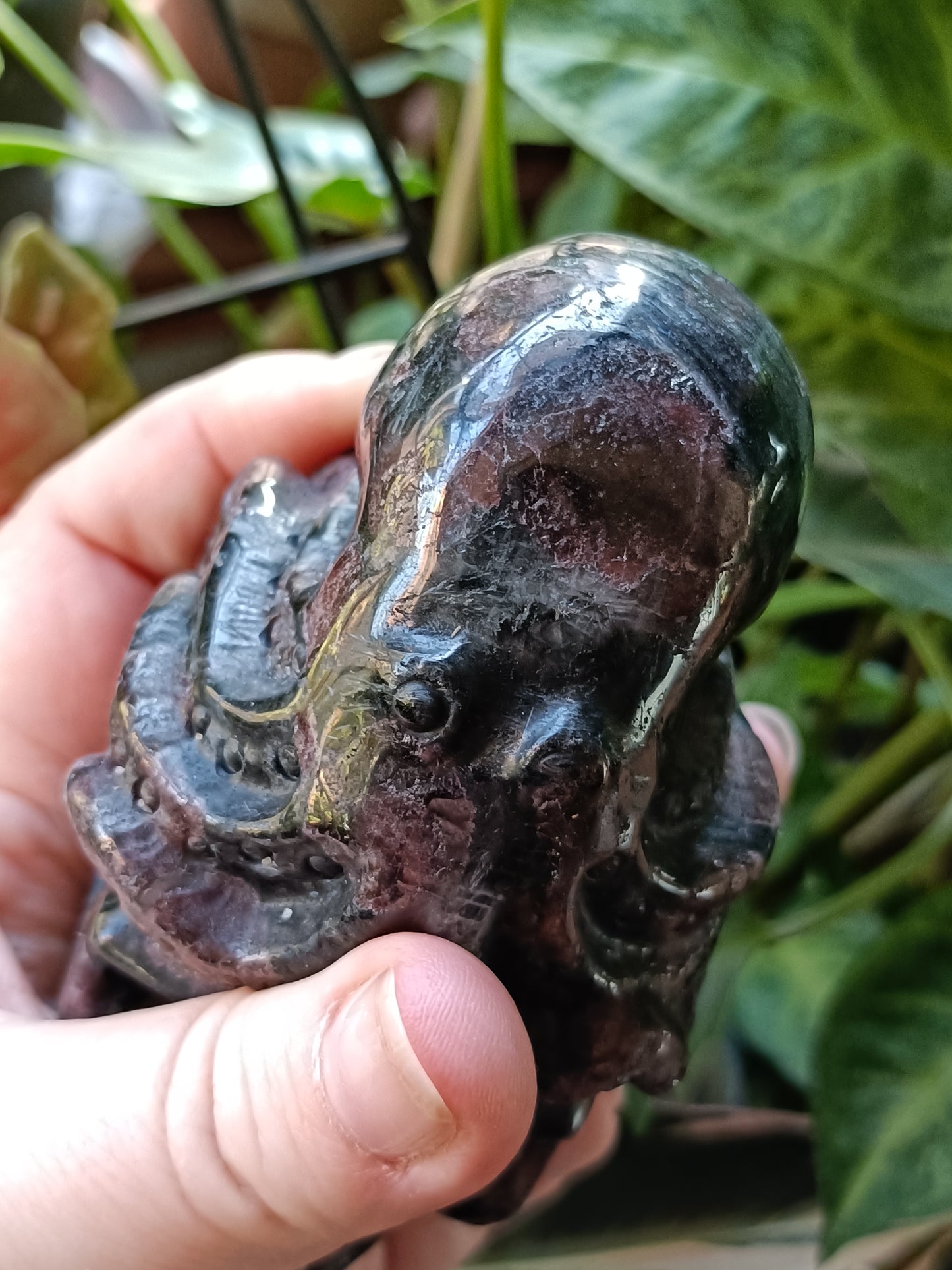 Garnet and Arfvedsonite Skull with Octopus - 740-800g
