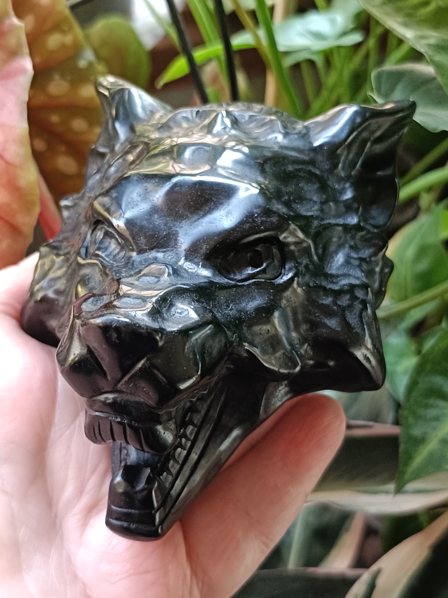 Black Obsidian Wolf Head Carving - 431g