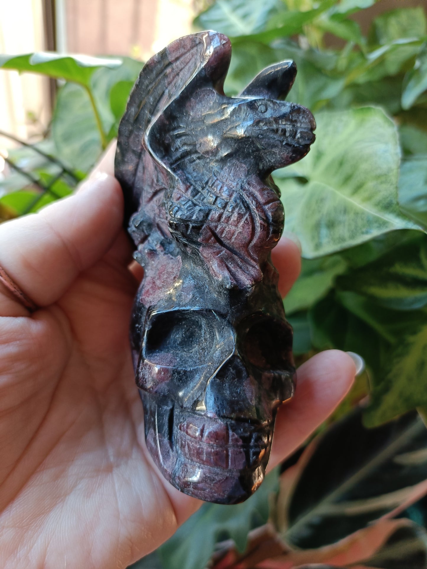 Garnet and Arfvedsonite Dragon on Skull Carving - 451g