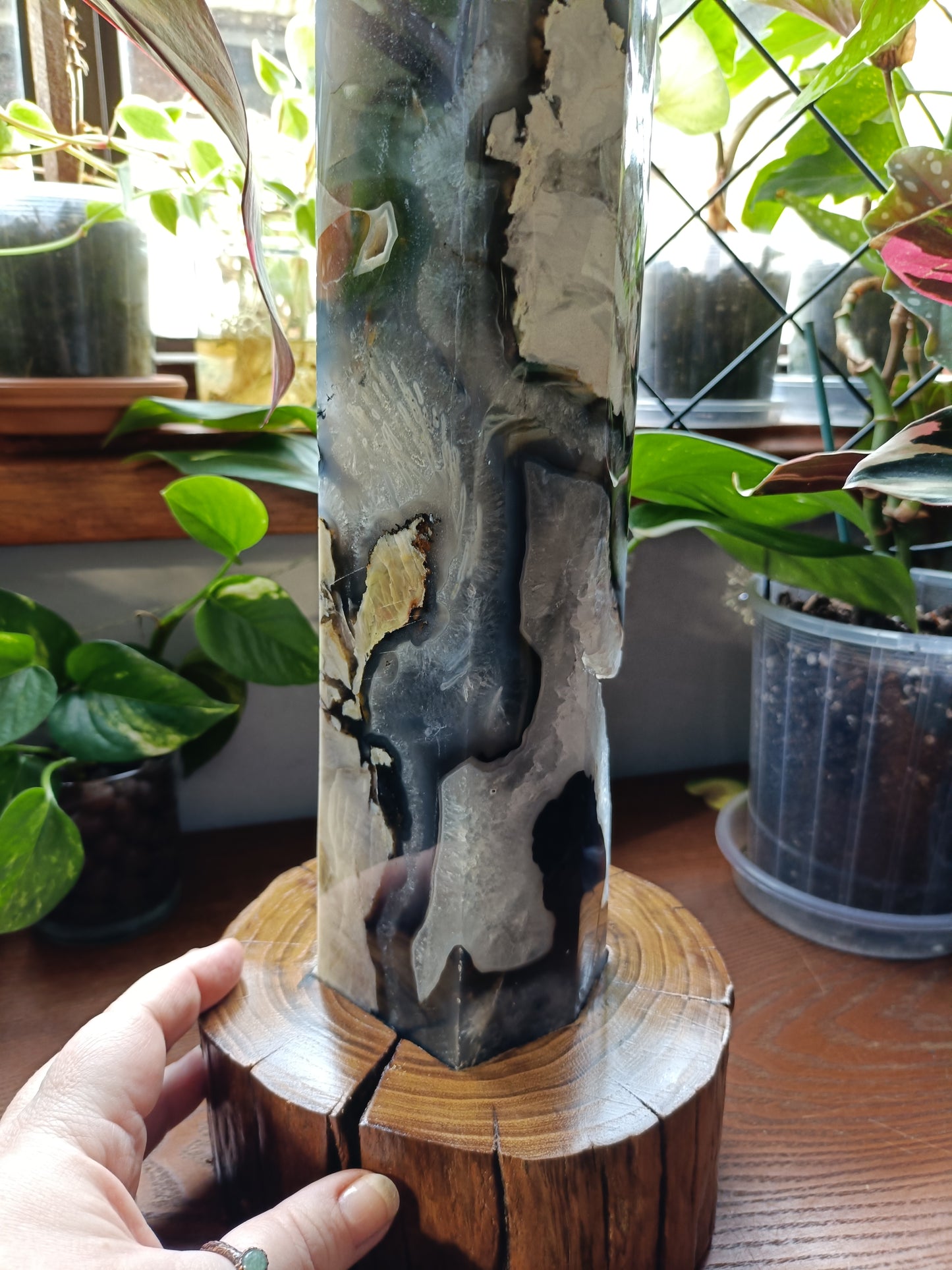 Volcanic Agate & Quartz Tower + Custom Wood Stand - 6kg