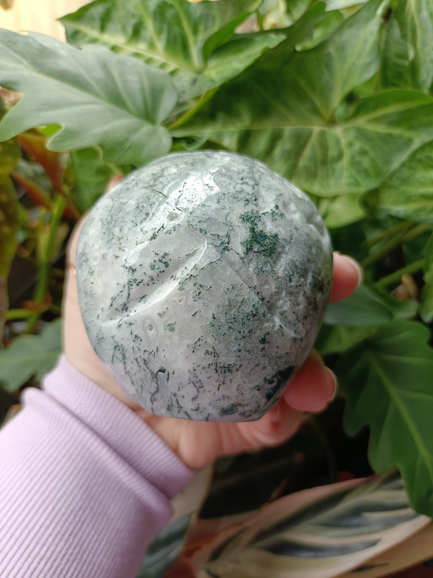 Moss Agate Skull Carving - 927g