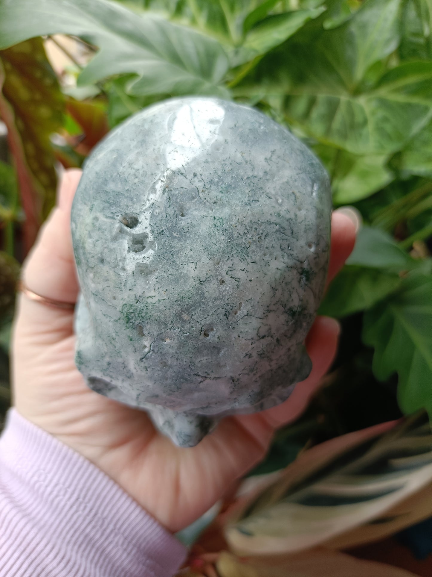 Moss Agate Skull Carving - 892g