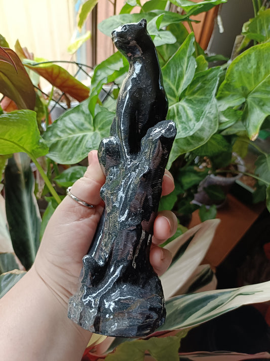 Black Marble Leopard on Tree Carving - 760g