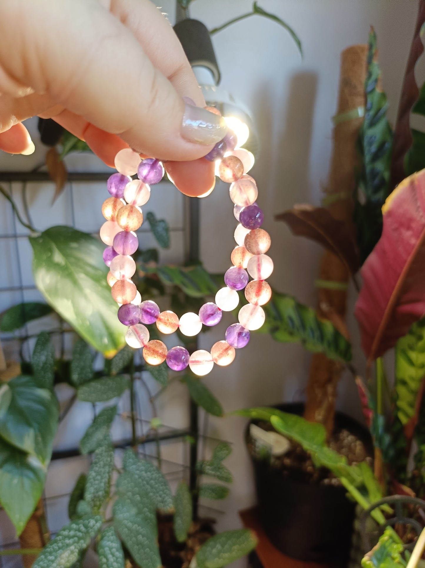 Triple Protection Bracelet - Rose Quartz, Strawberry Quartz, Amethyst - 8mm
