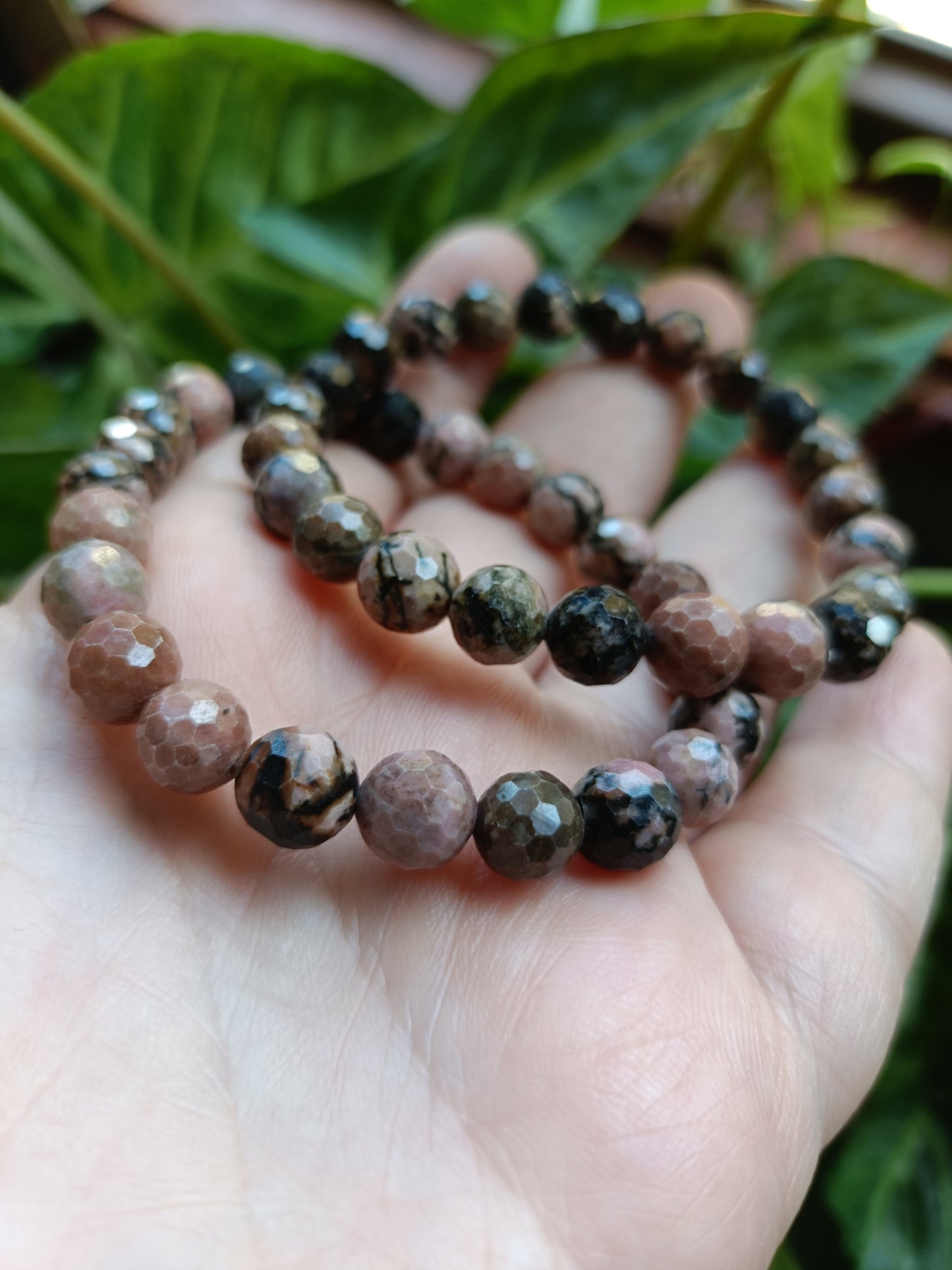 Faceted Rhodonite Round Beaded Stretch Bracelet - 8mm