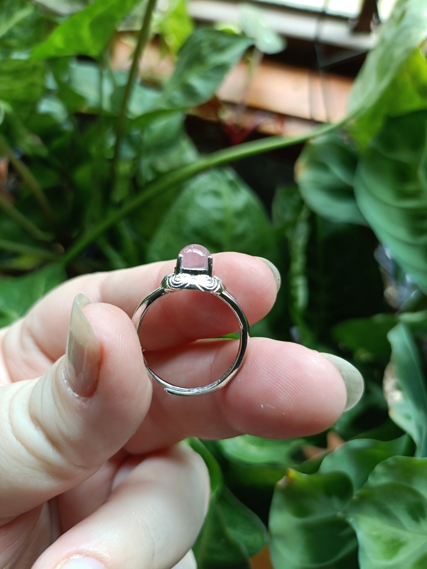 Lavender Rose Quartz Round Cabochon Ring - Silver-Plated Copper