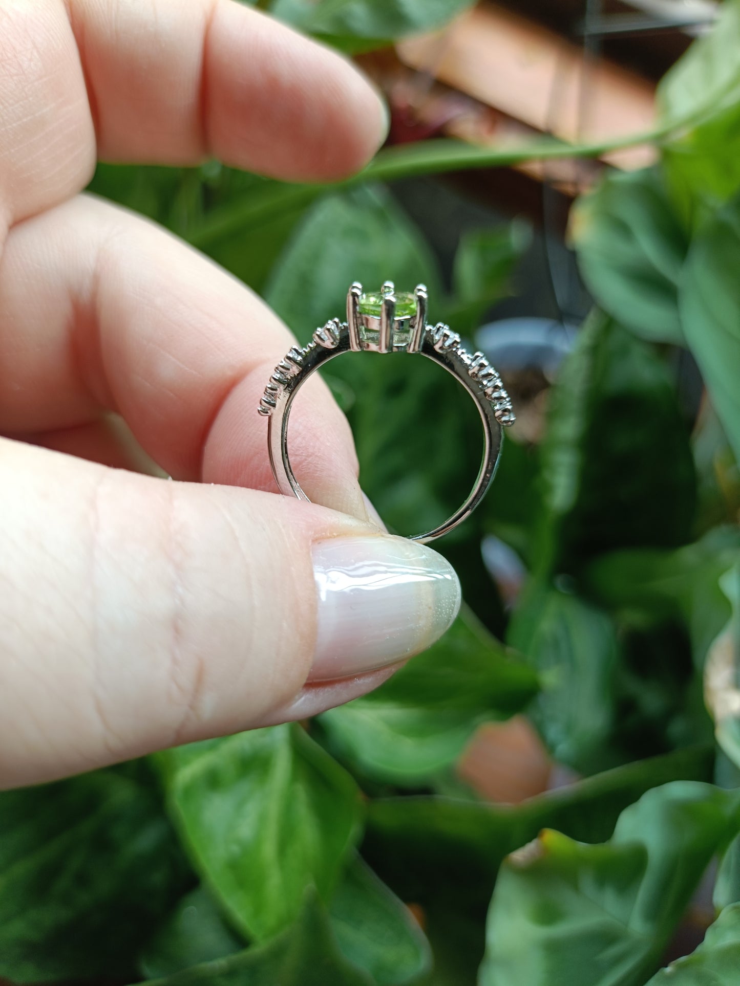 Faceted Peridot and CZ Ring - Silver-Plated Copper