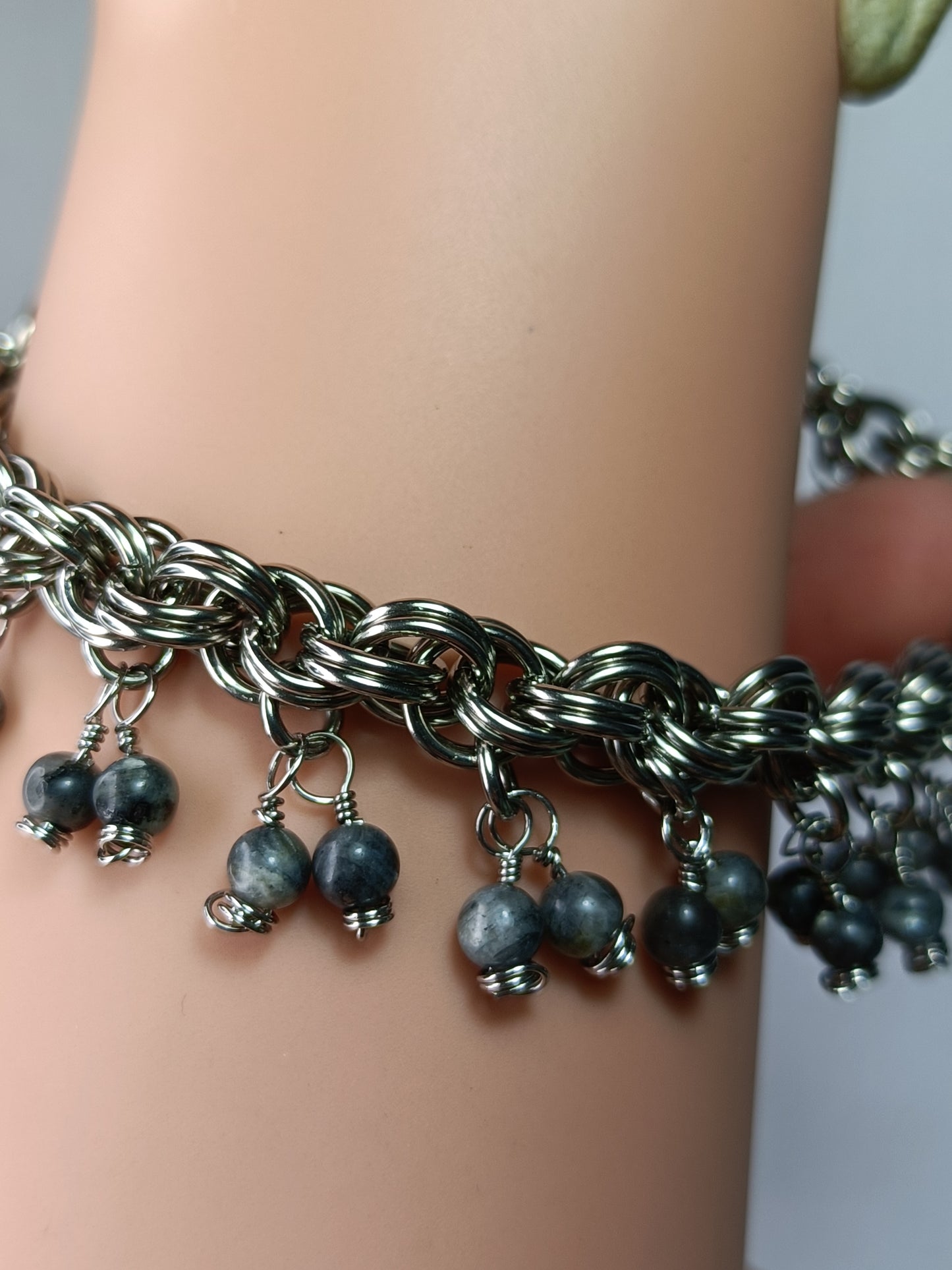 Larvikite 18ga Double Spiral Chainmail Charm Bracelet - Stainless Steel