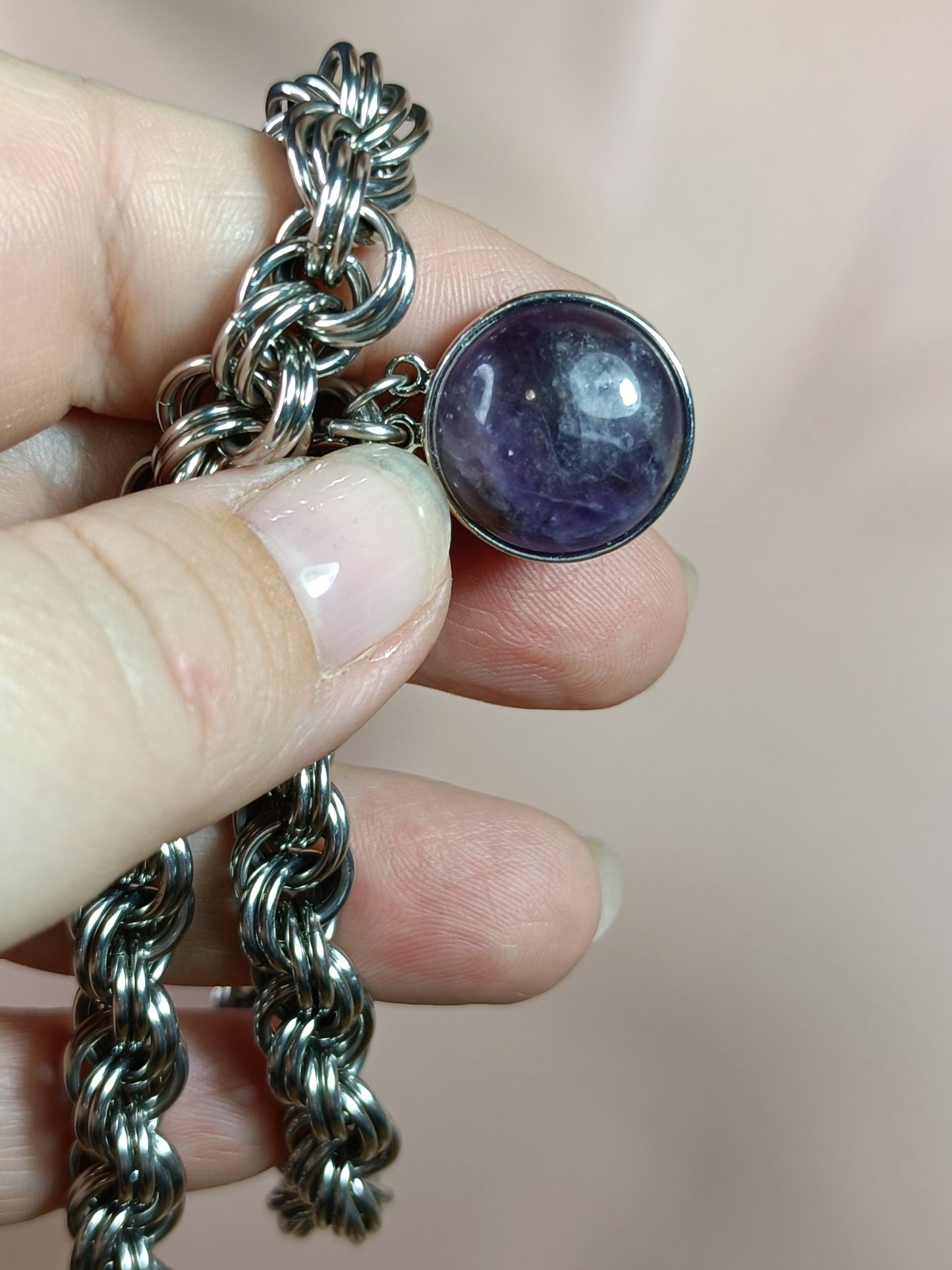Double Spiral Chainmail Necklace with Amethyst Clasp - Stainless Steel