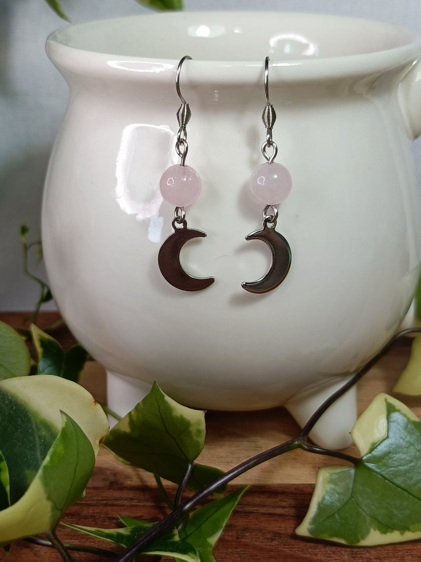 Rose Quartz Moon Earrings - Stainless Steel