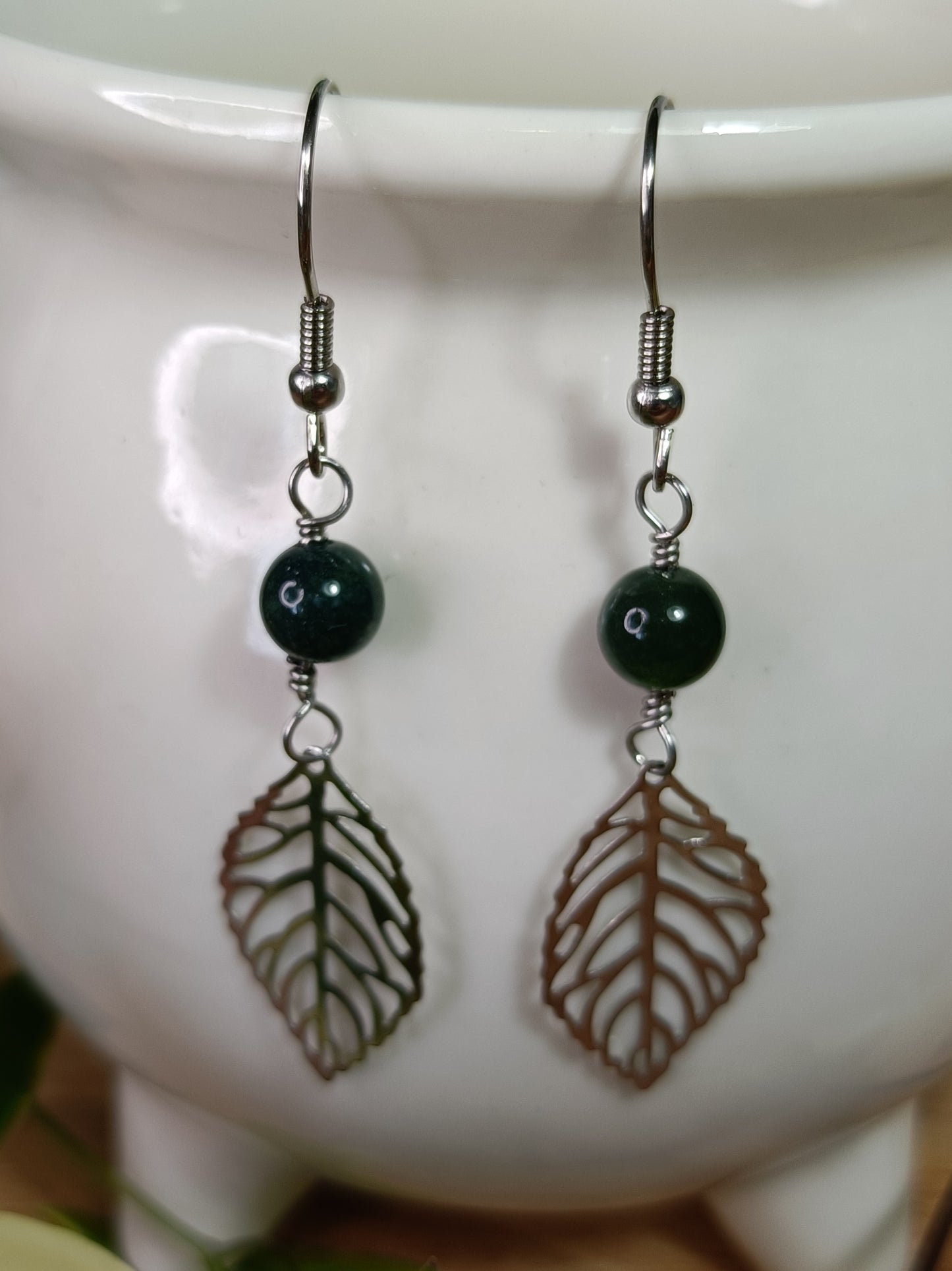 Moss Agate and Filigree Leaf Earrings - Stainless Steel