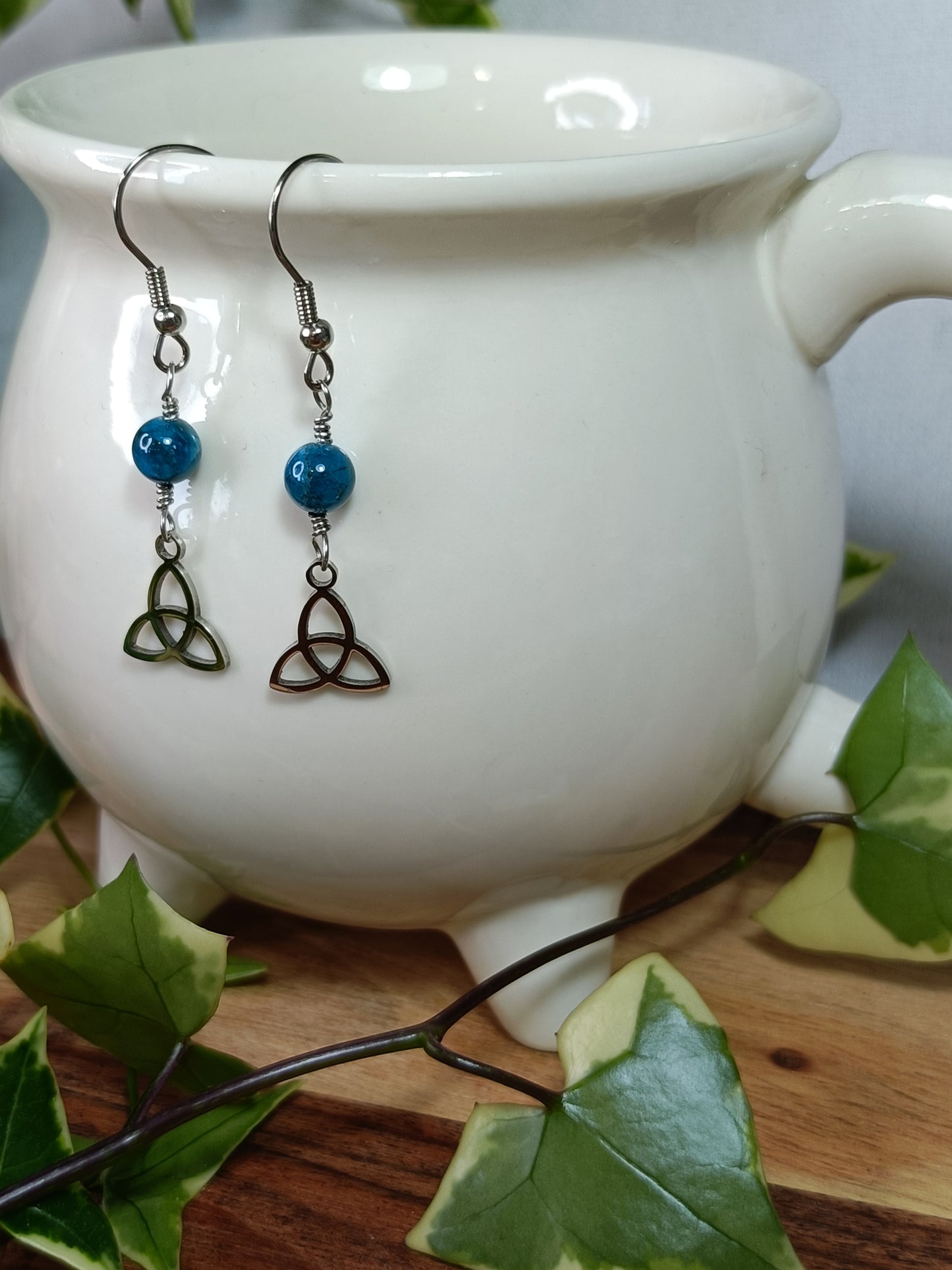 Blue Apatite and Triquetra Earrings - Stainless Steel