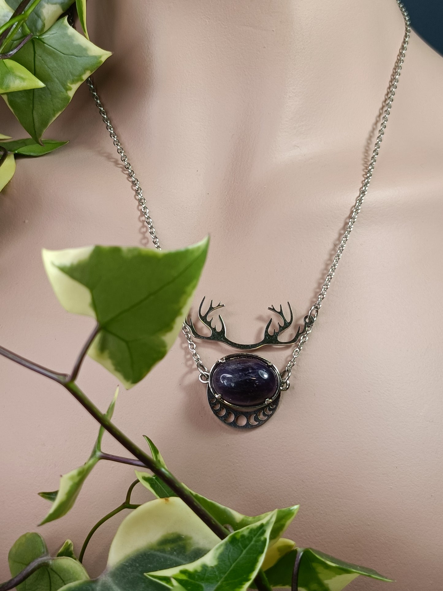 Antler and Moon Phase Amethyst Necklace - Stainless Steel