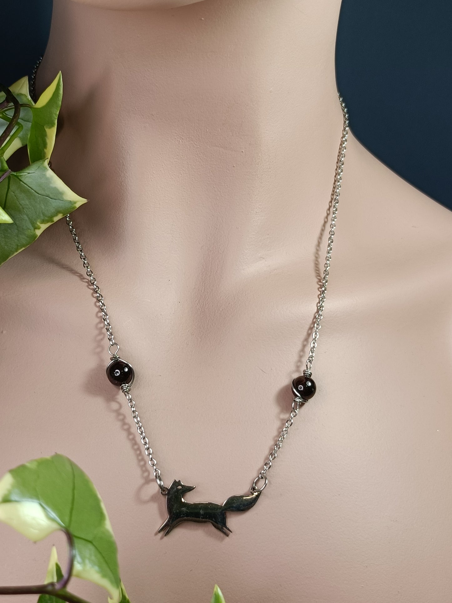 Garnet Frolicking Fox Necklace - Stainless Steel