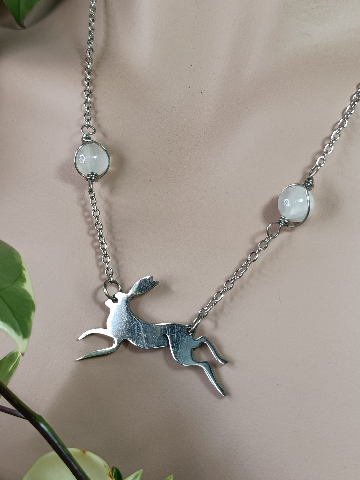 Selenite Dancing Rabbit Necklace - Stainless Steel