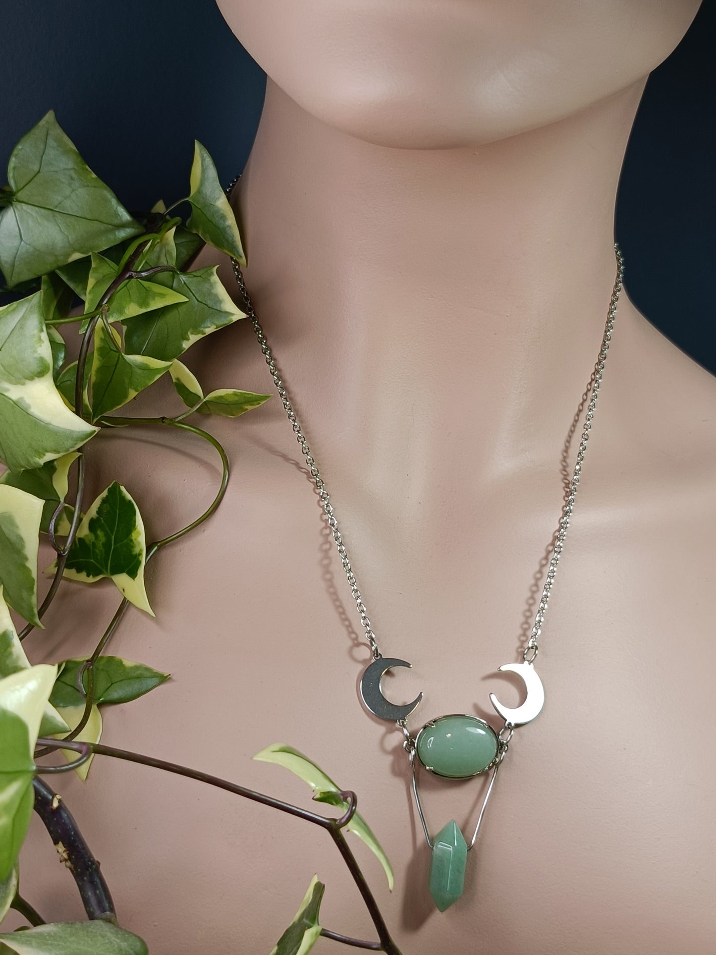 Green Adventurine Moon Necklace - Stainless Steel