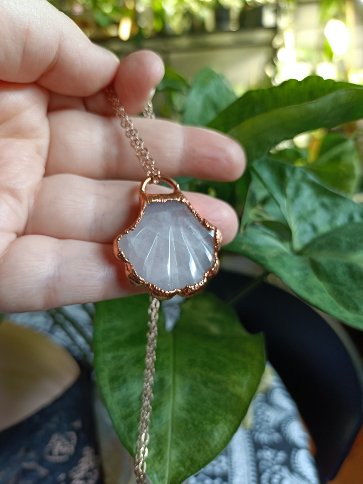 Handmade Rose Quartz Shell Copper Electroformed Pendant Necklace