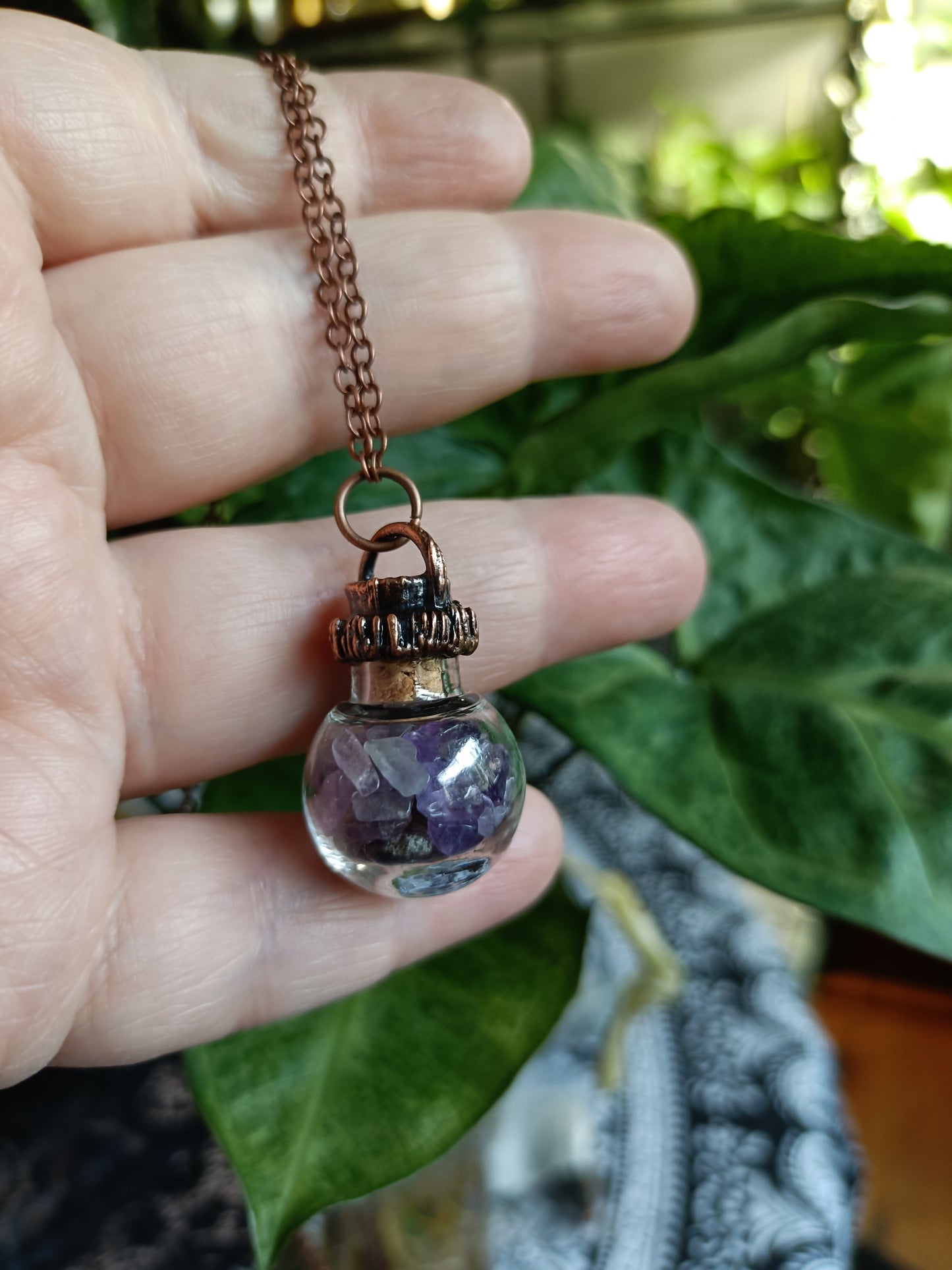 Amethyst Round Glass Vial Copper Electroformed Pendant Necklace