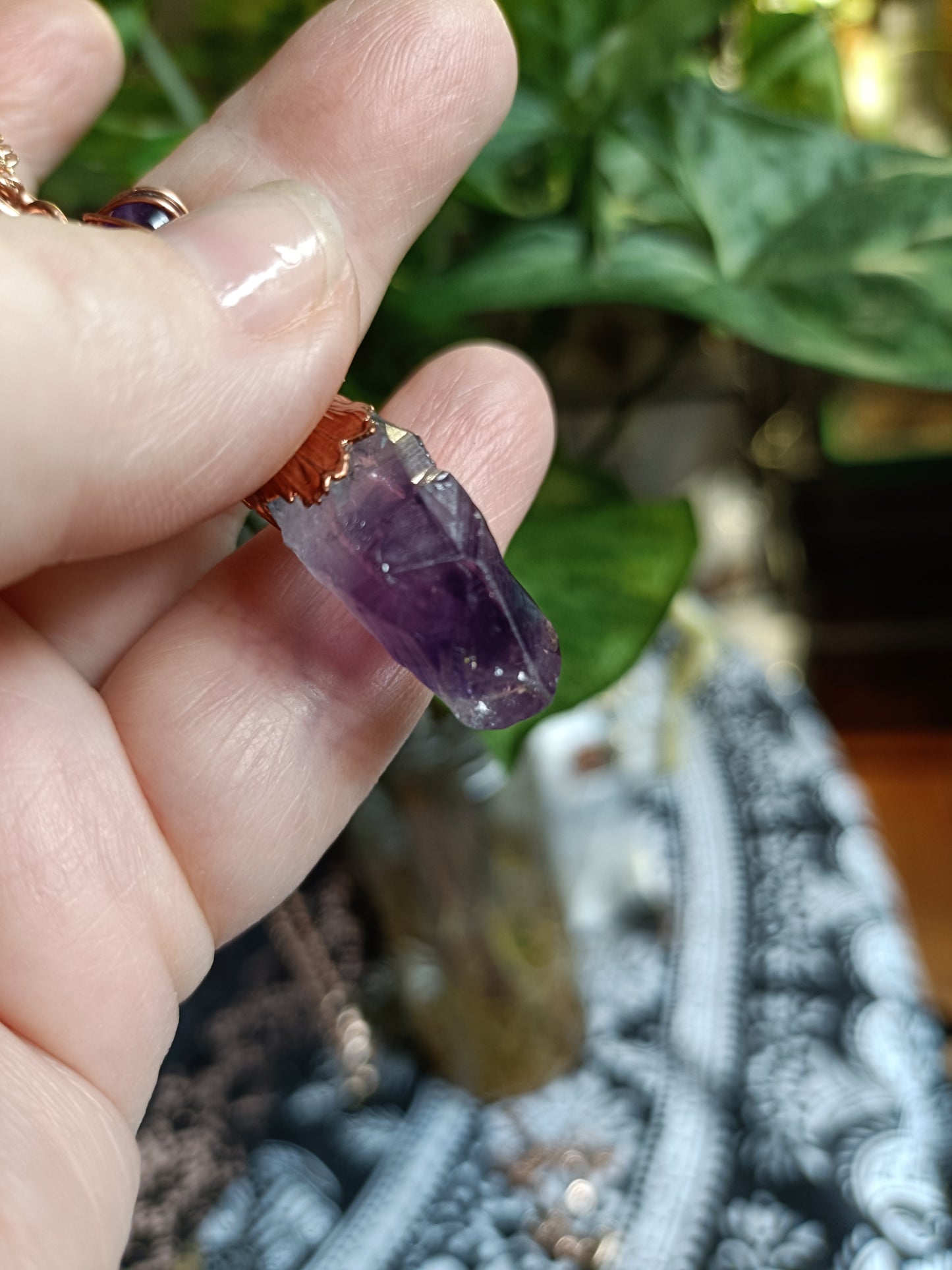 Beaded Rough Amethyst Point Copper Electroformed Pendant Necklace