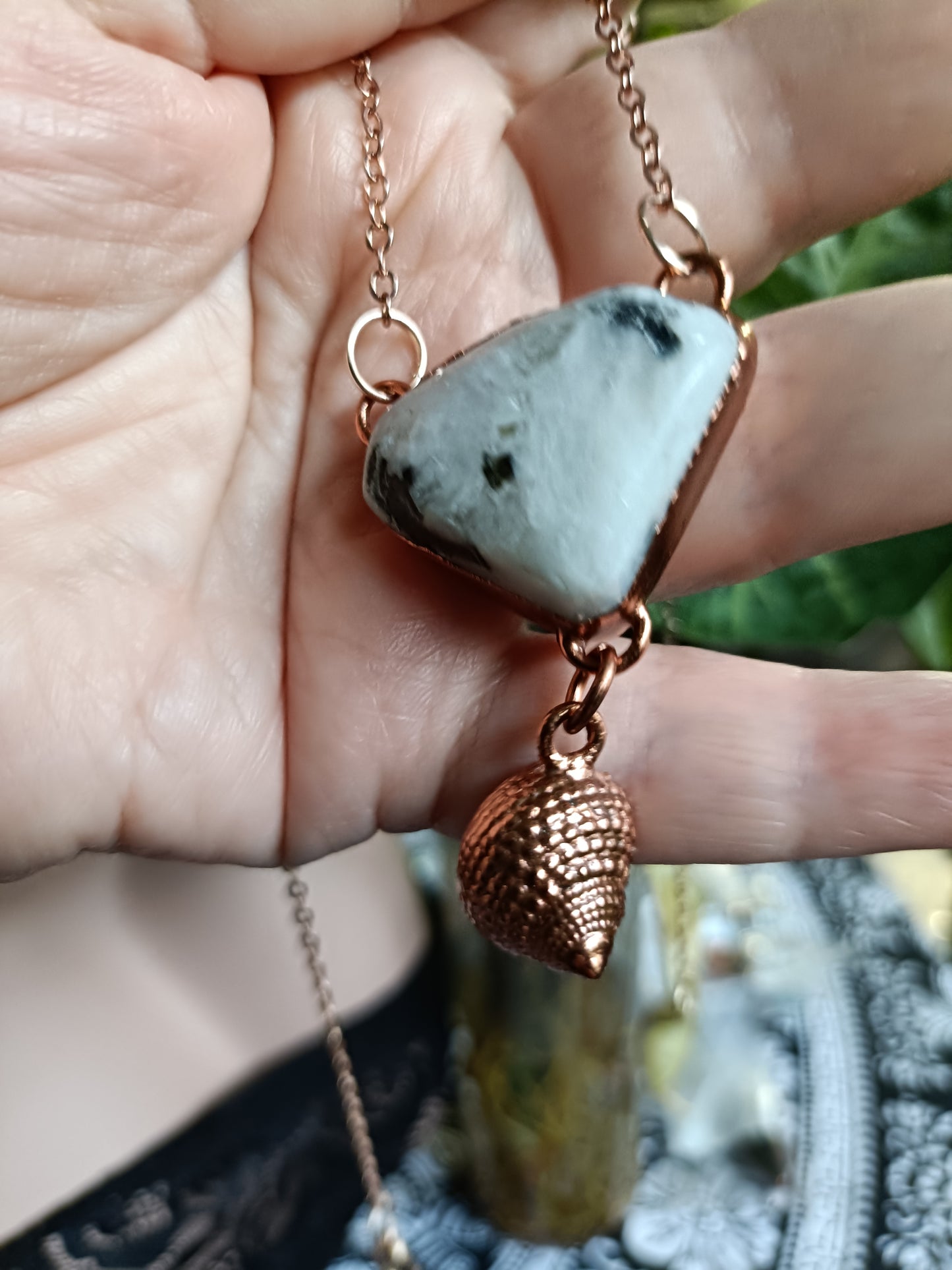 Handmade Rainbow Moonstone and Shell Pendant Necklace