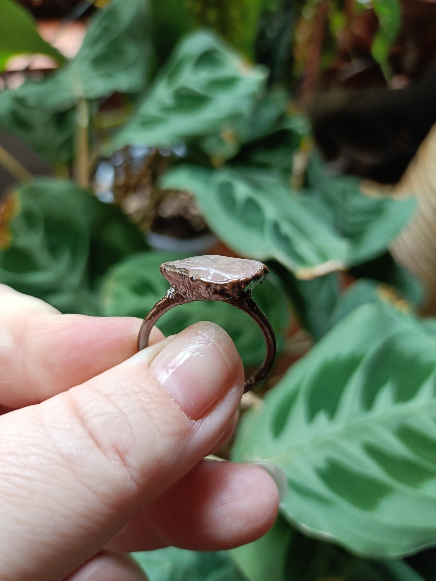 Rose Quartz Copper Electroformed Ring - Size US 9.5/ - UK S1/2 - D 23mm