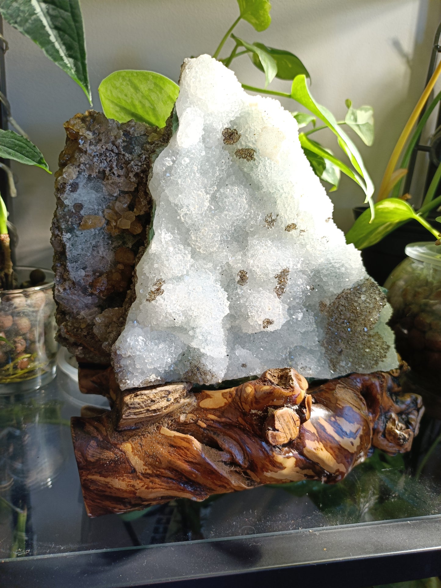 Green Sugar Fluorite and Quartz Specimen - 2558g (3.01kg including stand)