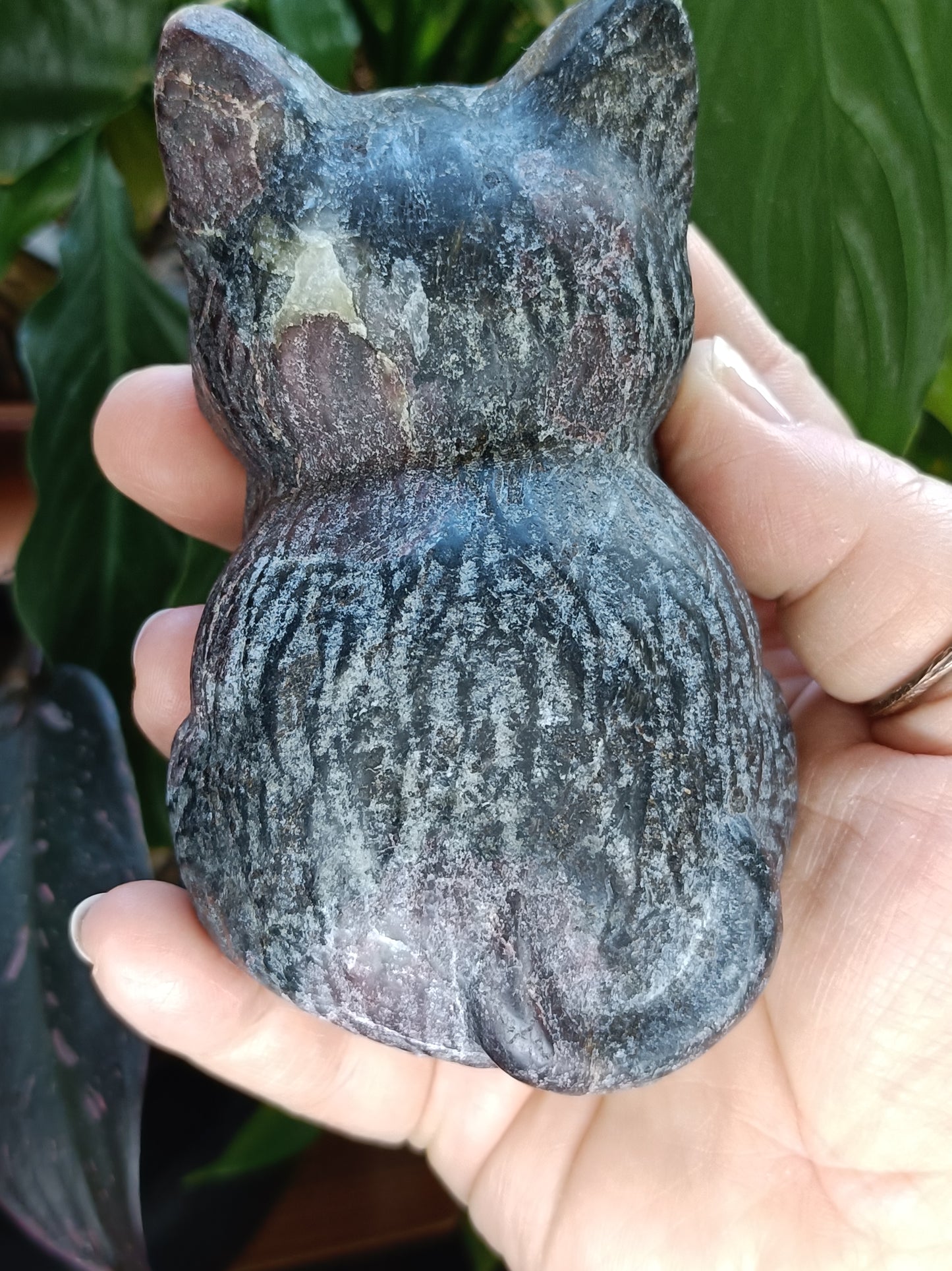 Garnet and Anthophyllite Sitting Cat Carving - 743g