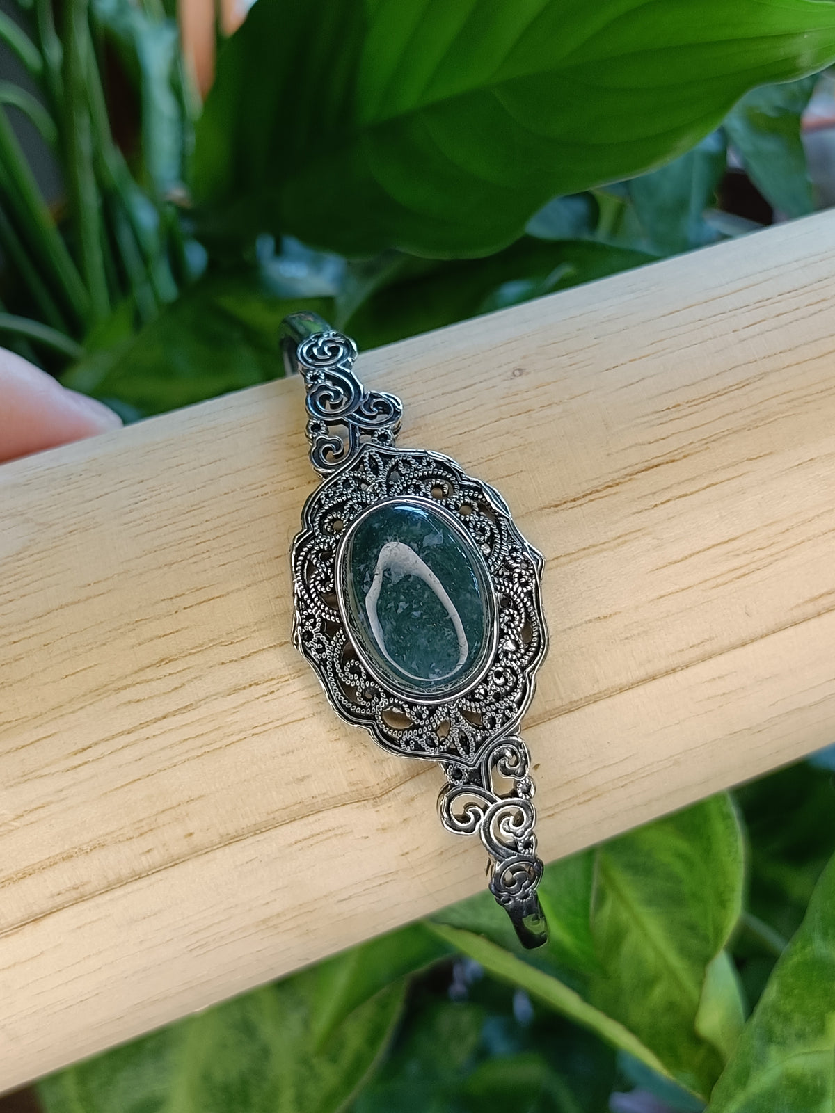 Moss Agate Filigree Bangle - Silver-Plated Copper