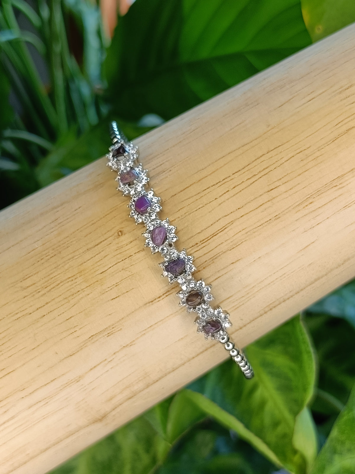 Sugilite and Moissanite Bangle - Silver-Plated Copper
