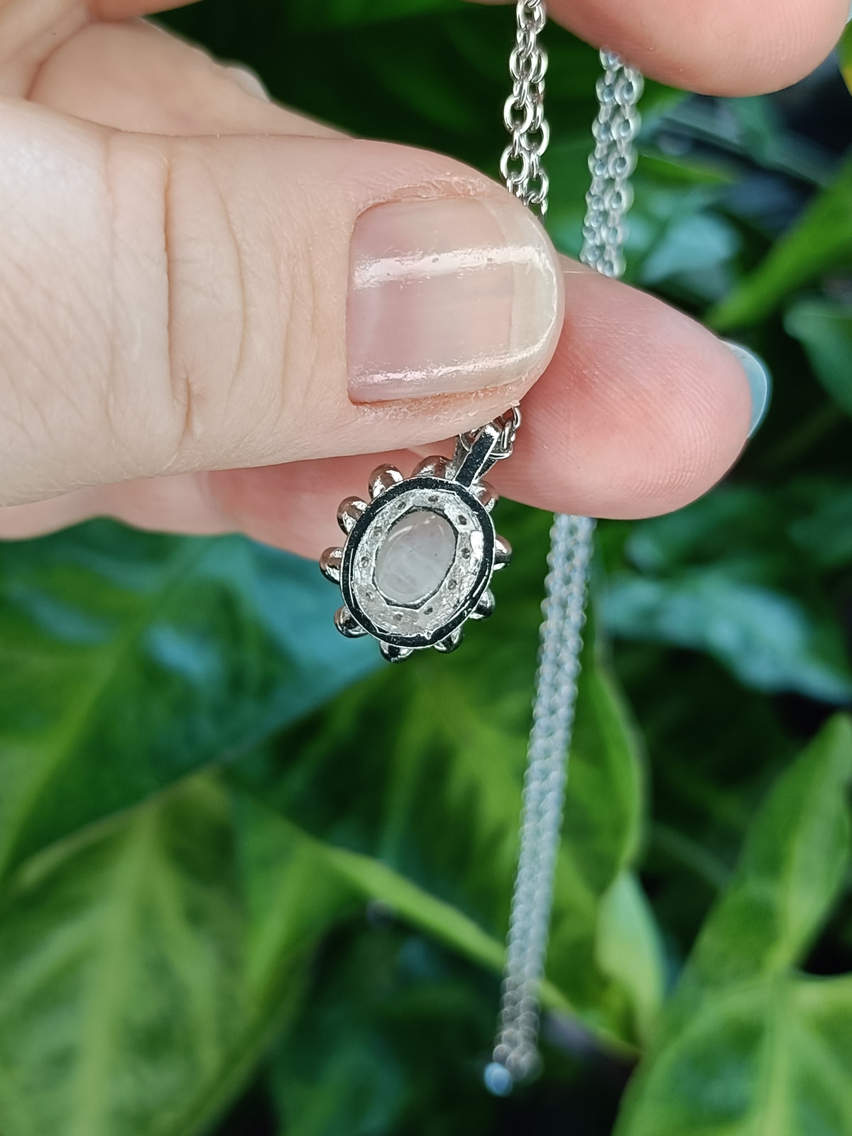 Blue Flash Moonstone & CZ Leaf Setting Pendant - Silver-Plated Copper