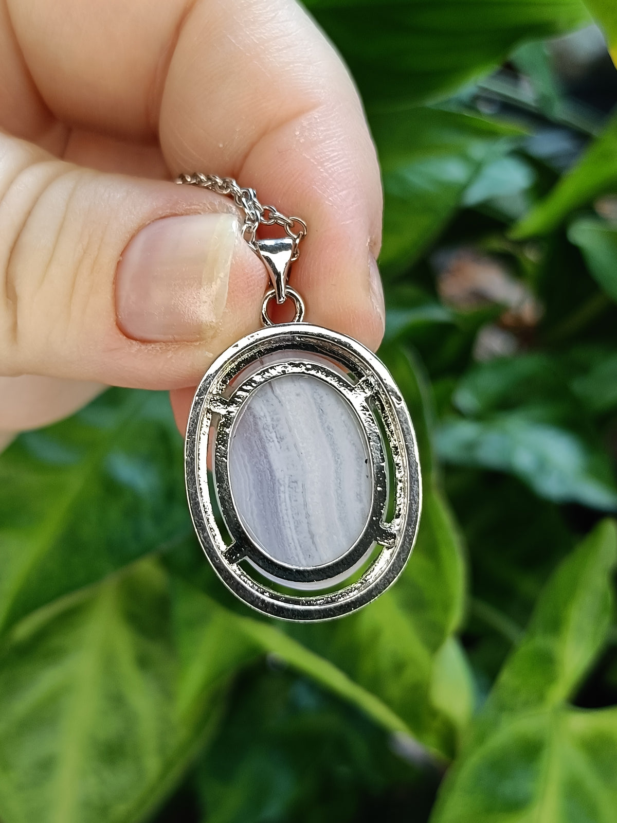 Blue Lace Agate Oval Cabochon Pendant Necklace - Silver-Plated Copper