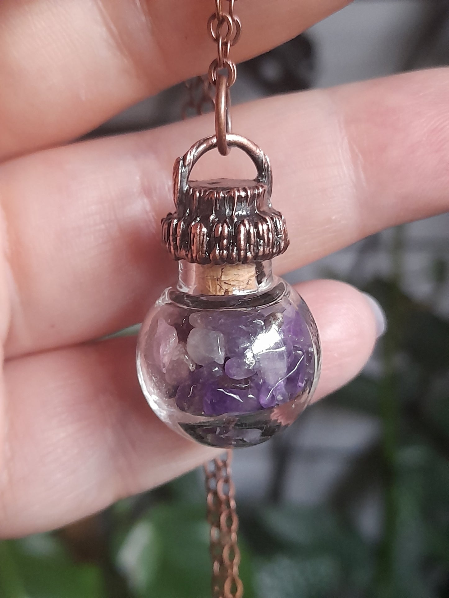 Amethyst Round Glass Vial Copper Electroformed Pendant Necklace