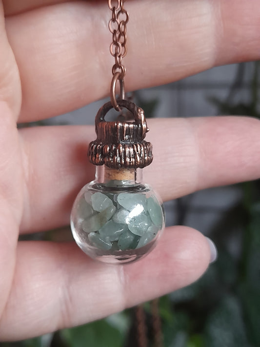 Green Adventurine Round Glass Vial Copper Electroformed Pendant Necklace