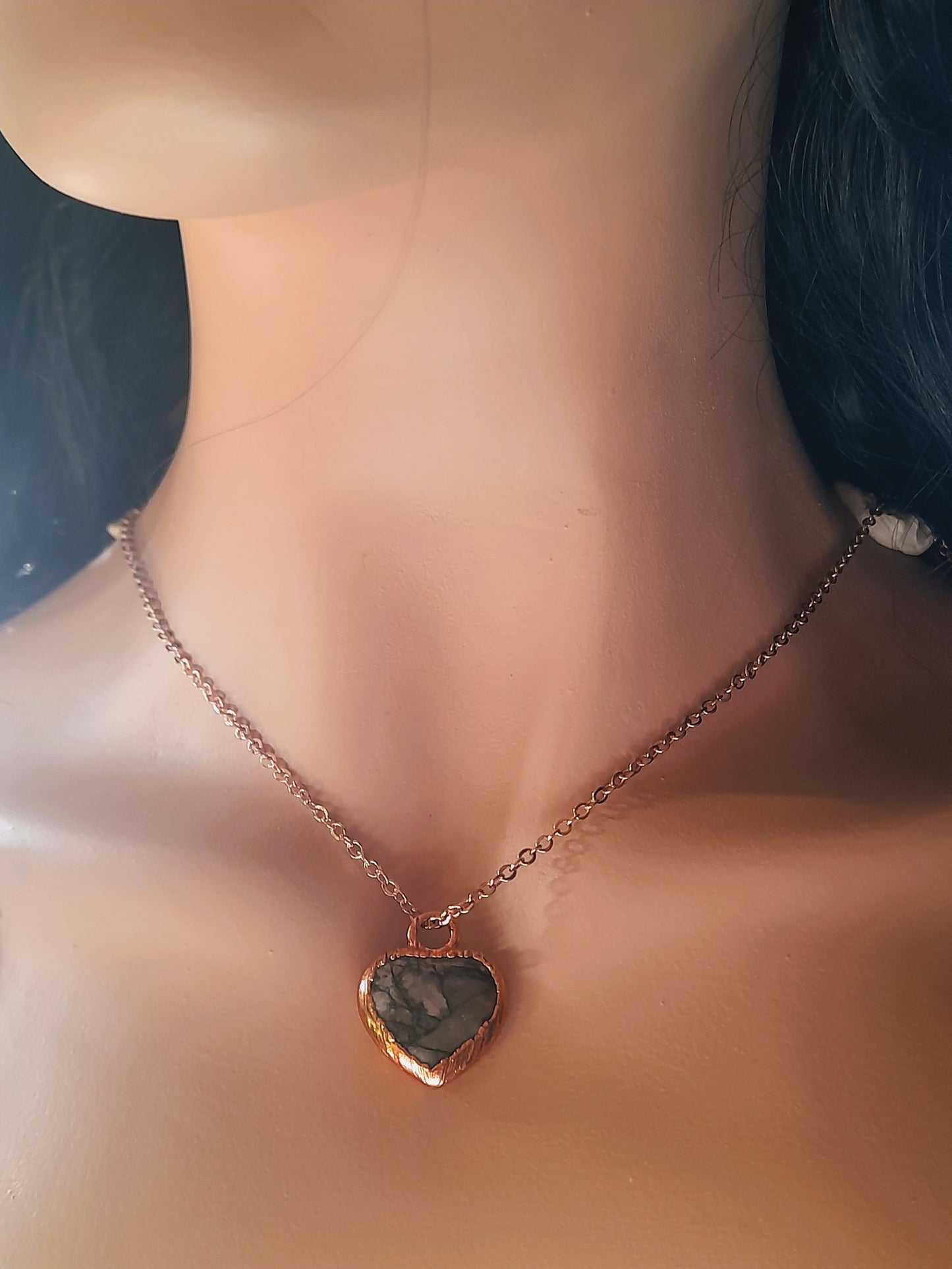 Copper Electroformed Rhodonite Heart Pendant Necklace
