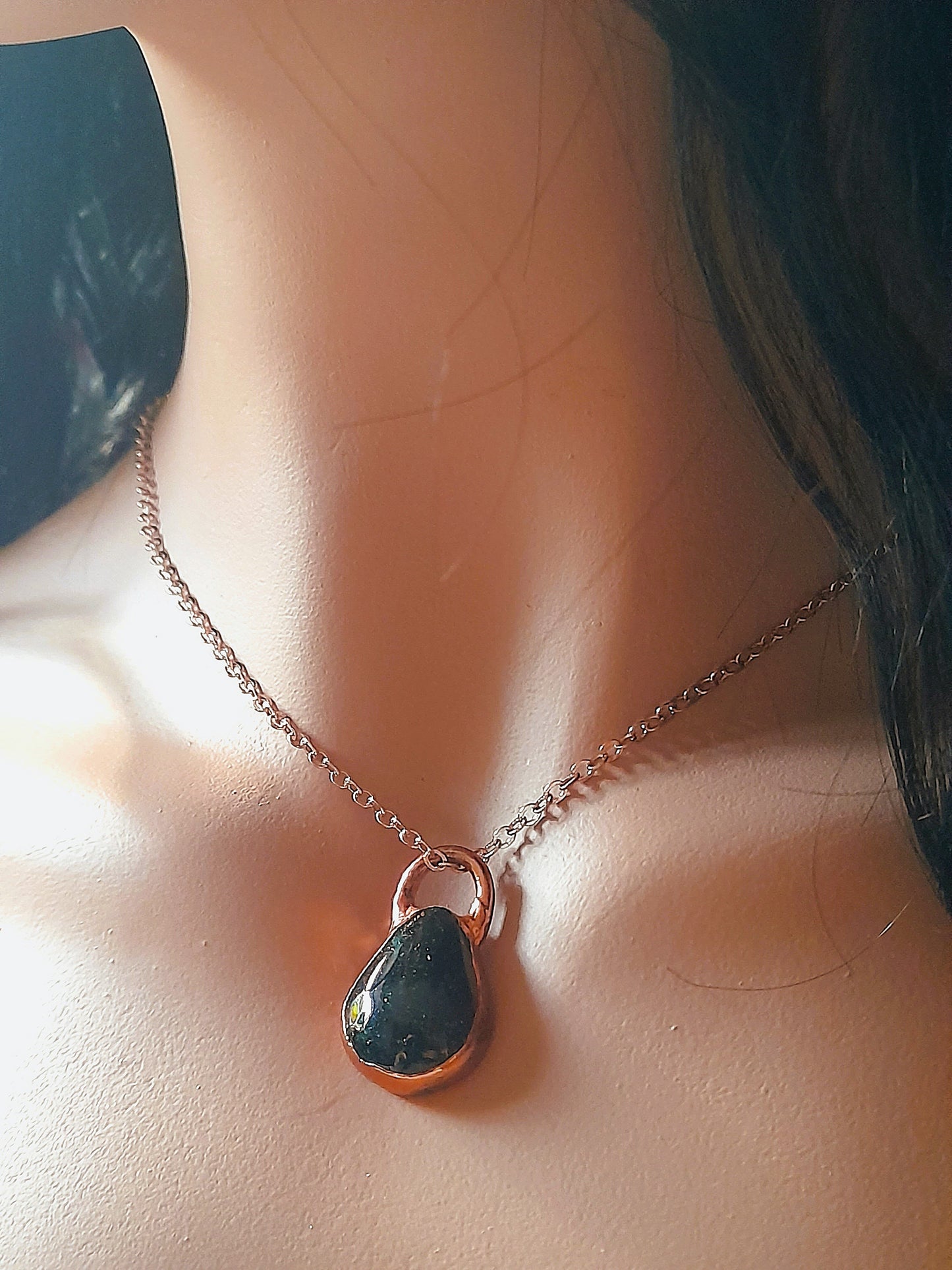 Handmade Green Goldstone Copper Electroformed Pendant Necklace