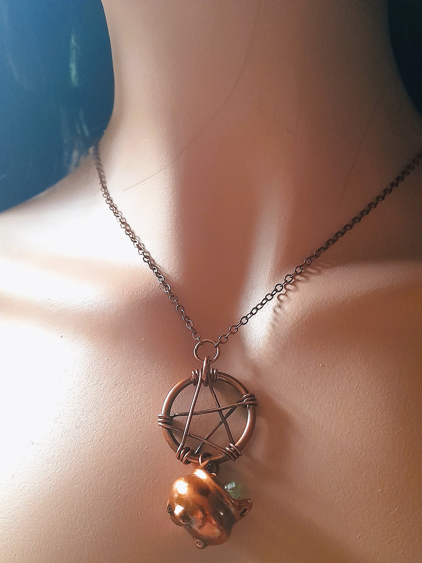 Handmade Prehnite Pentagram and Cauldron Pendant Necklace