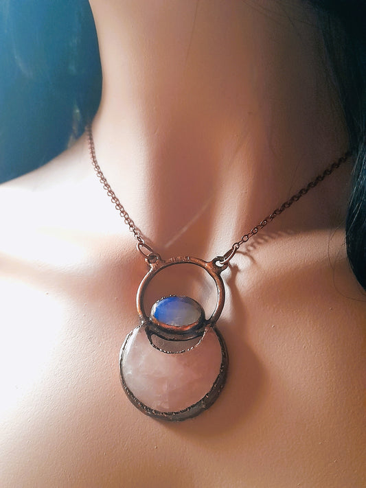 Rose Quartz Moon and Opalite Talisman Necklace