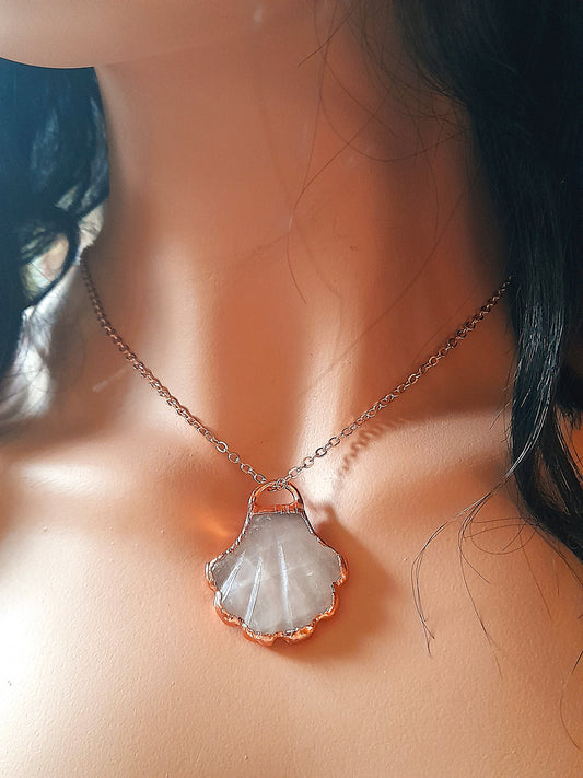 Handmade Rose Quartz Shell Copper Electroformed Pendant Necklace