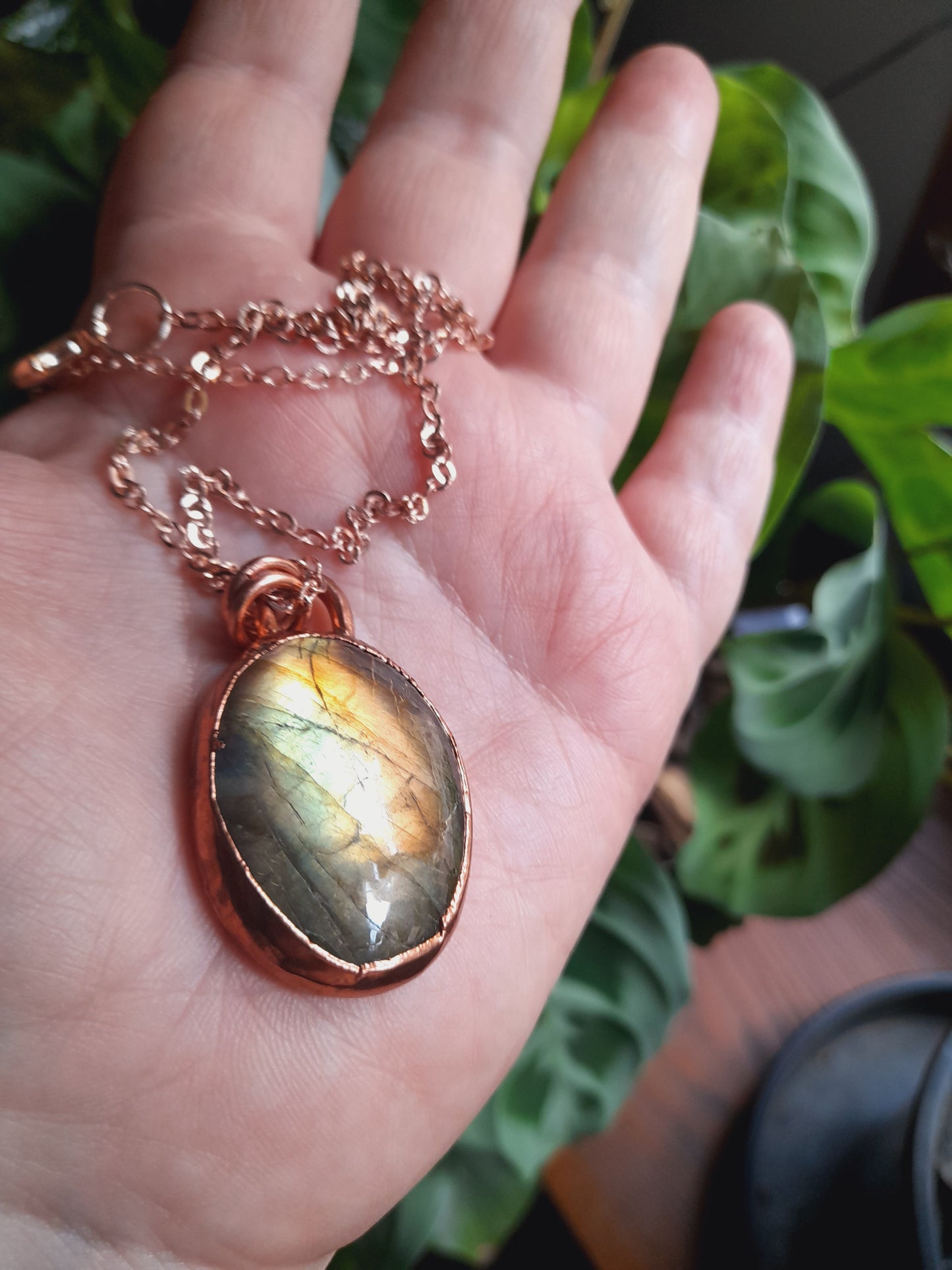 Golden Flash Labradorite Pendant on Leather Cord