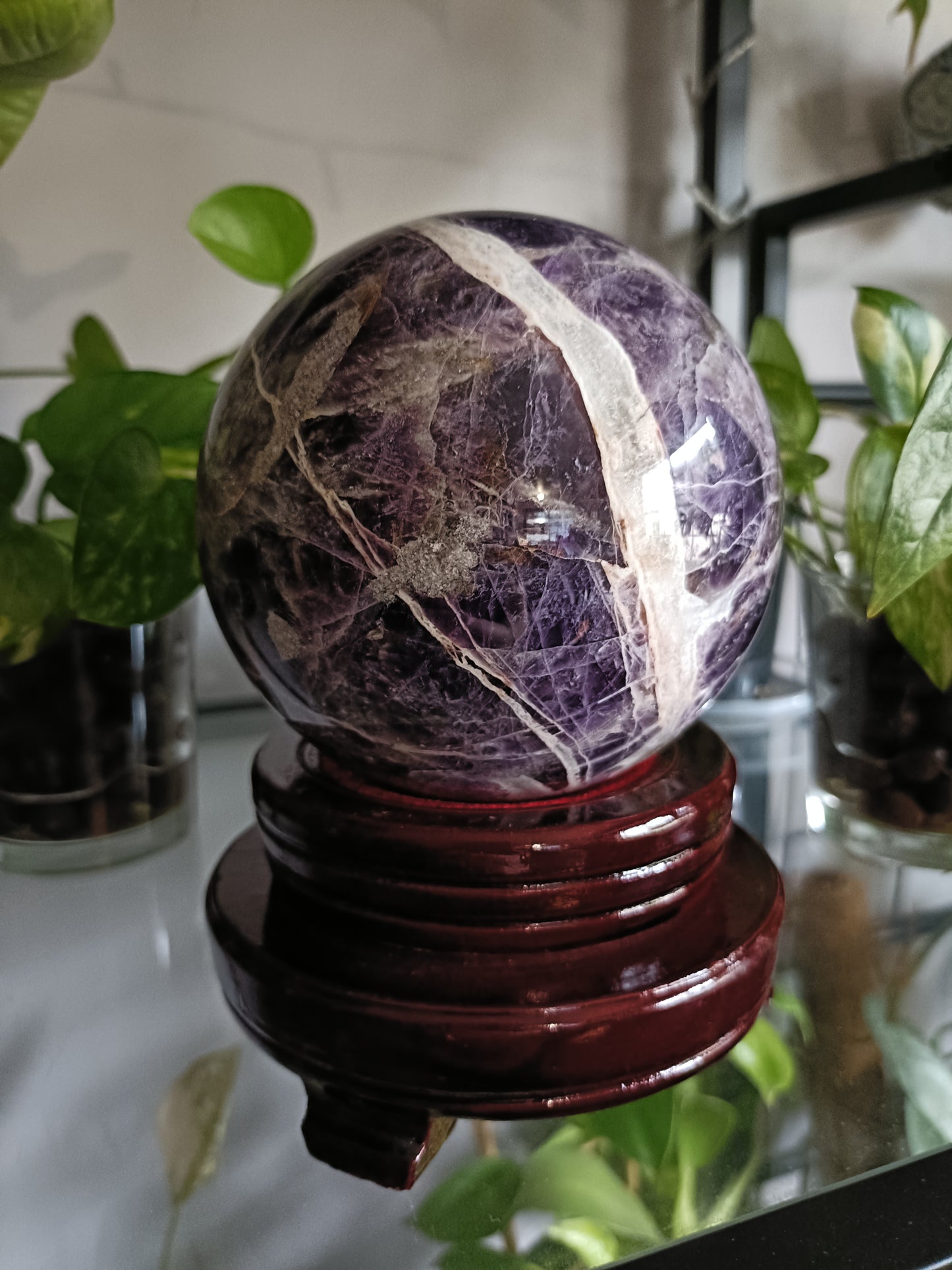 Chevron Amethyst Sphere + Wooden Rotation Stand - 1790g
