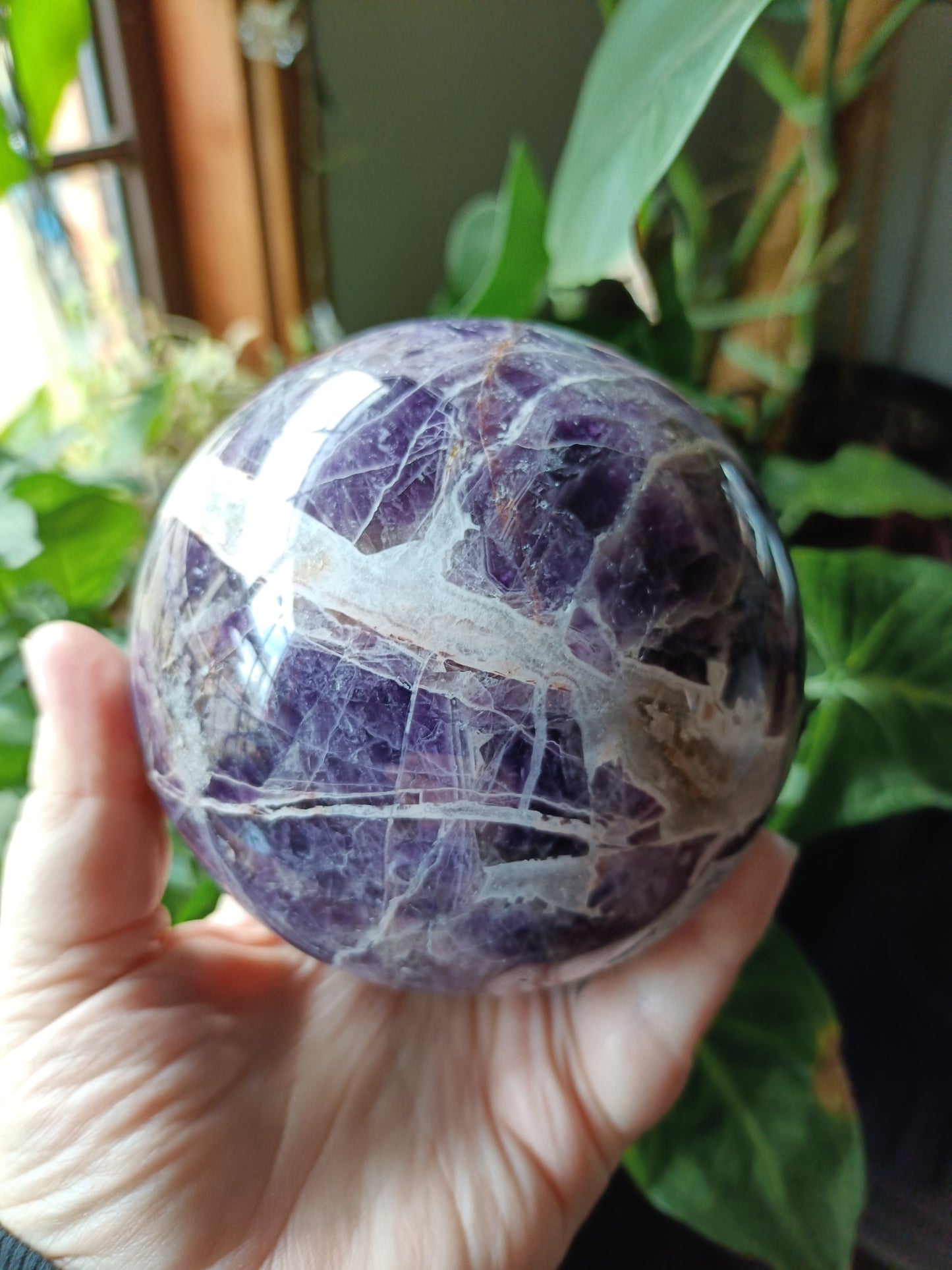 Chevron Amethyst Sphere + Wooden Rotation Stand - 1790g