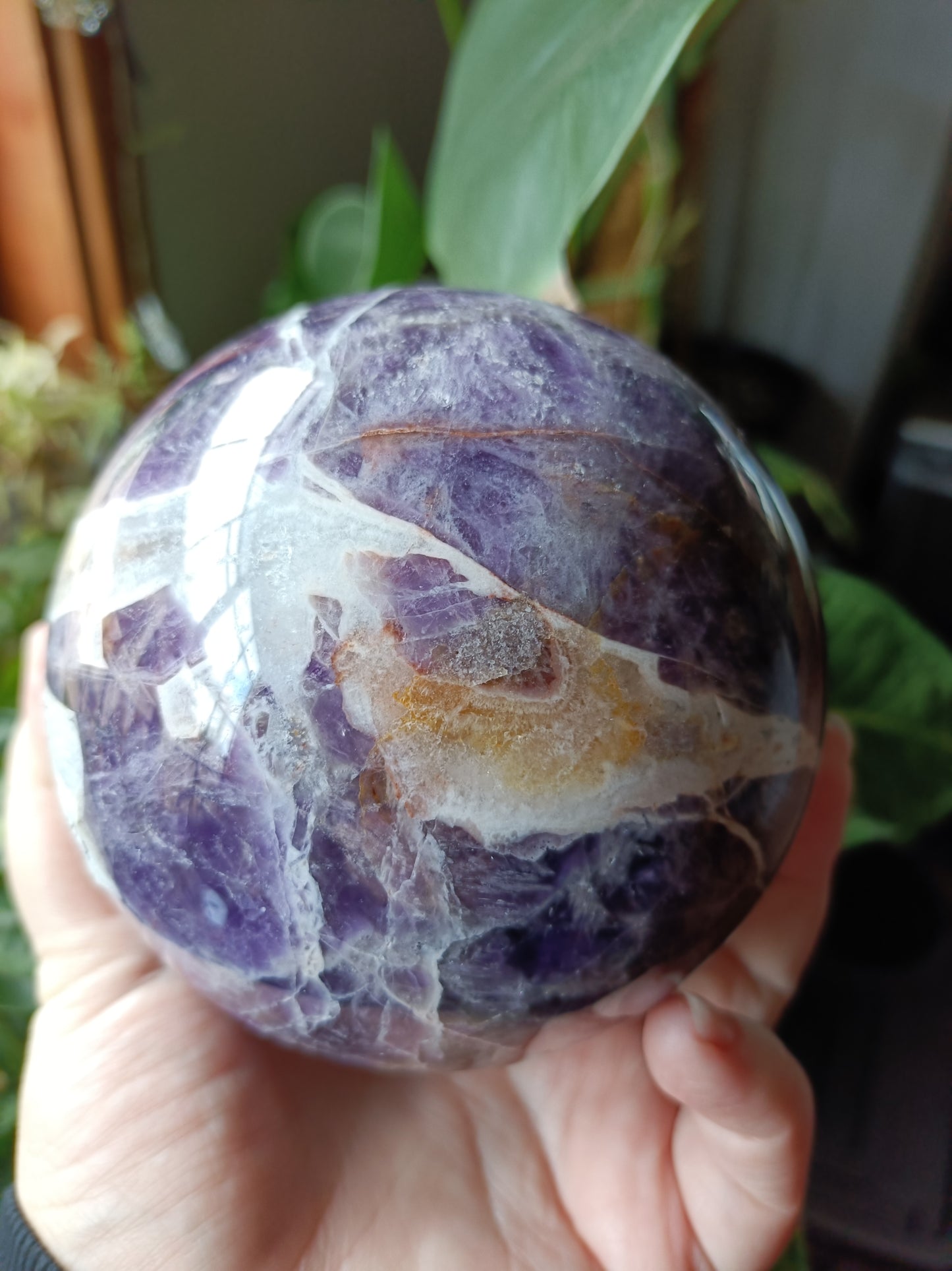 Chevron Amethyst Sphere + Wooden Rotation Stand - 1790g