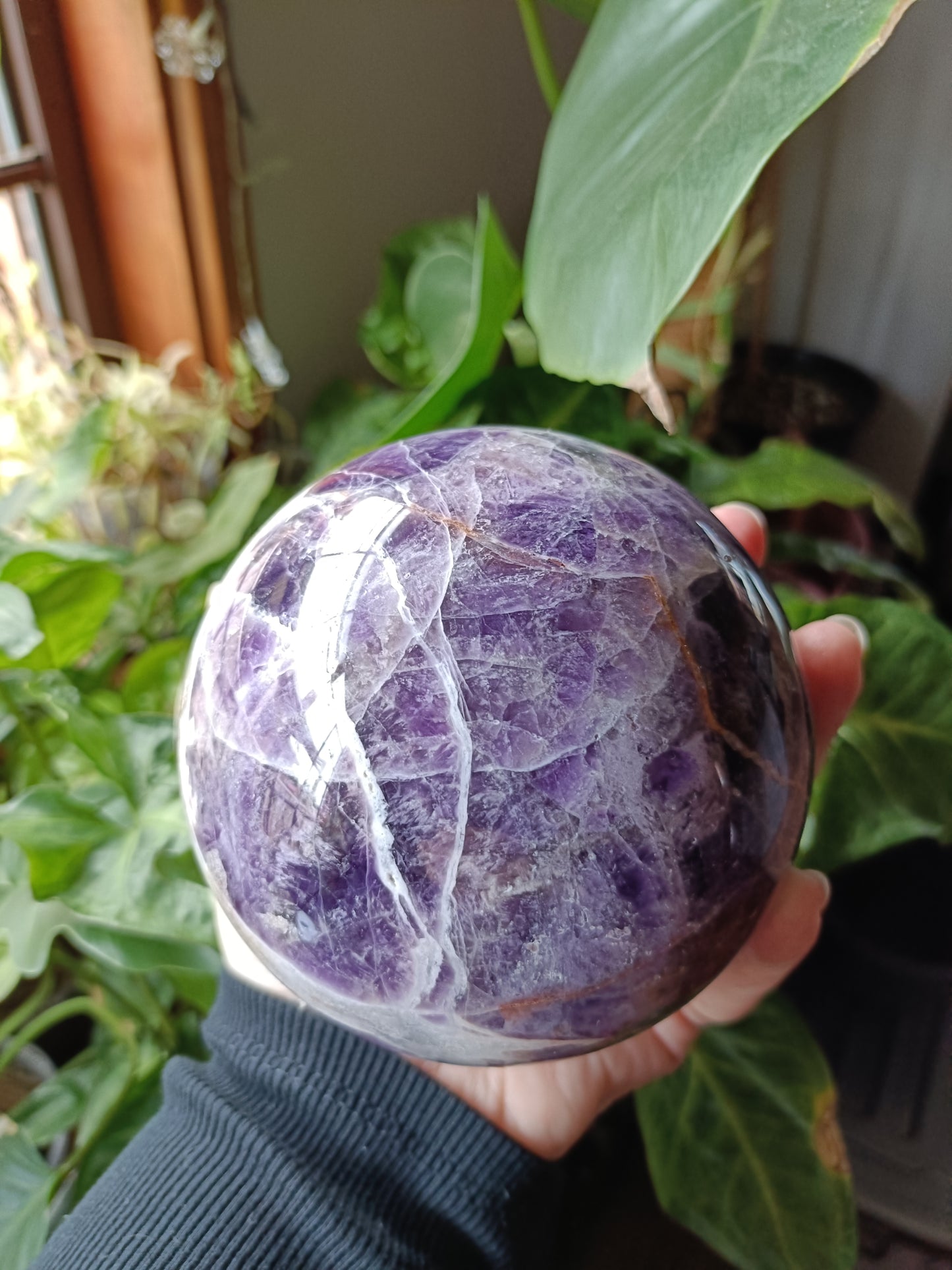 Chevron Amethyst Sphere + Wooden Rotation Stand - 1790g
