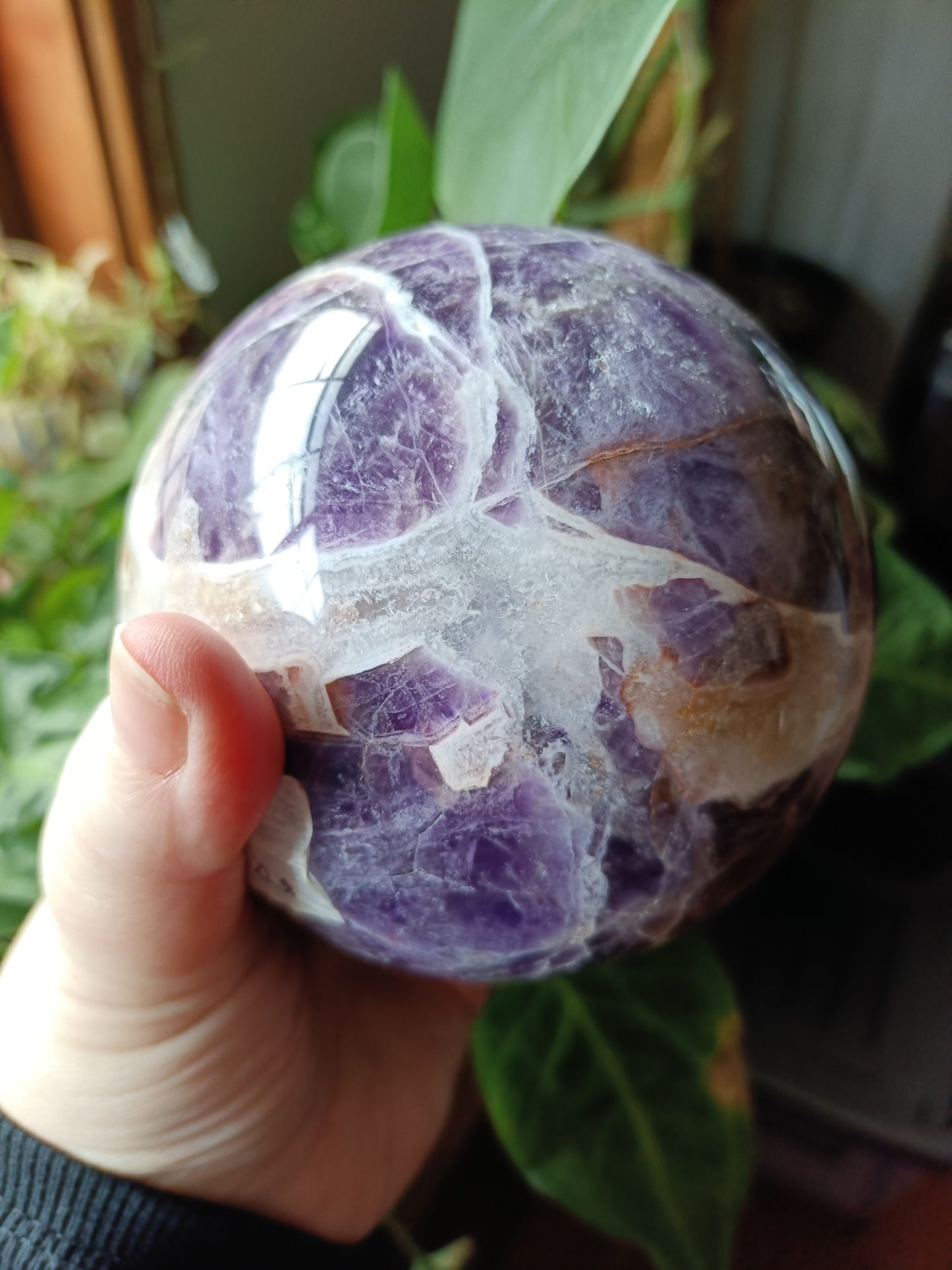 Chevron Amethyst Sphere + Wooden Rotation Stand - 1790g