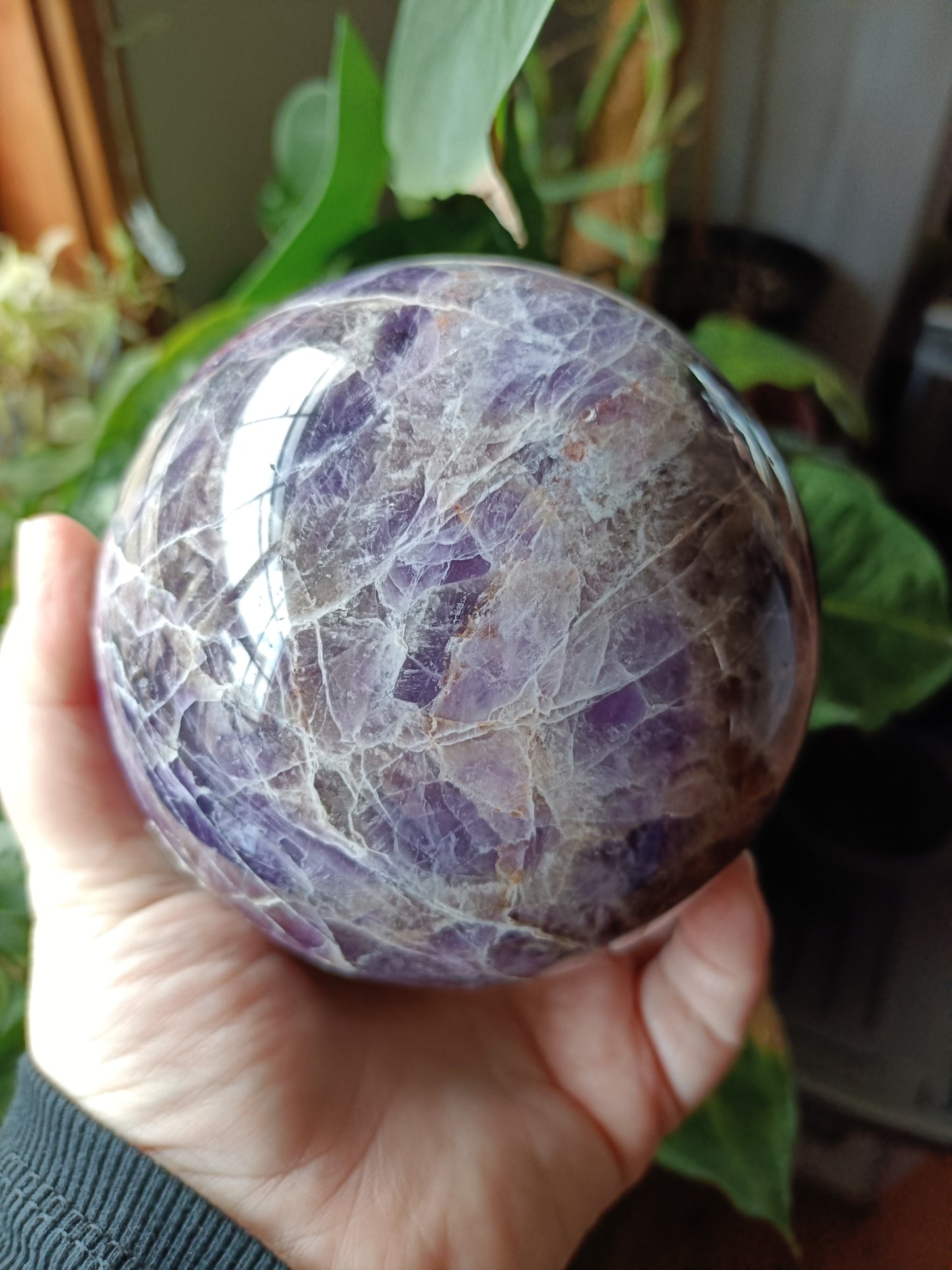 Chevron Amethyst Sphere + Wooden Rotation Stand - 1790g