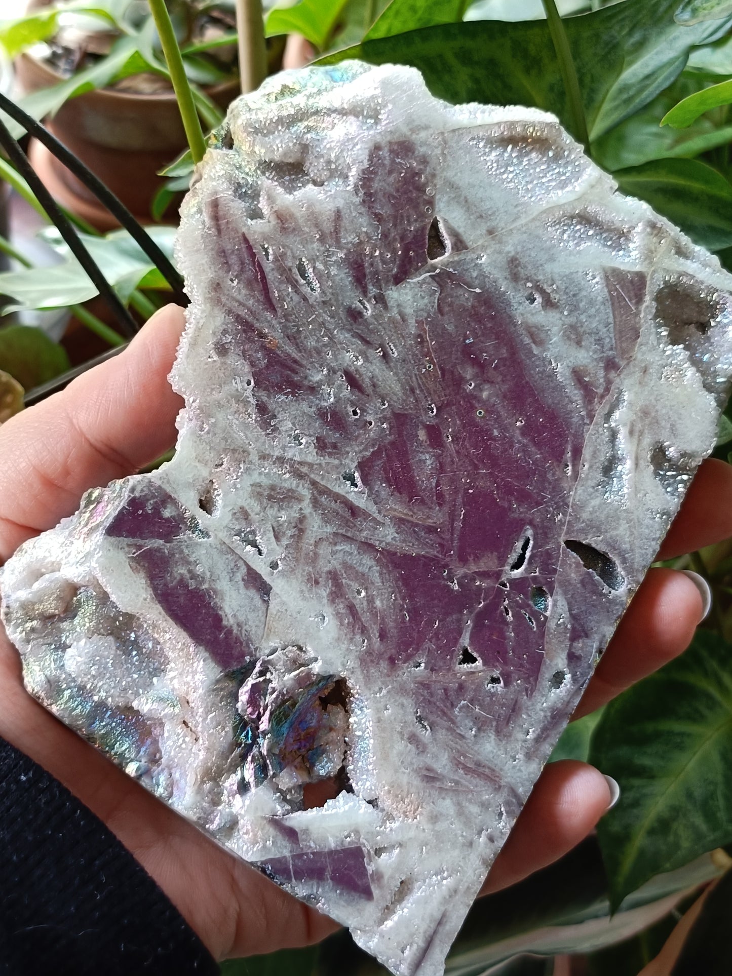 Aura Coated Brecciated Quartz Chalcedony Slab + Stand - 620g