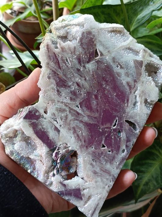 Aura Coated Brecciated Quartz Chalcedony Slab + Stand - 620g