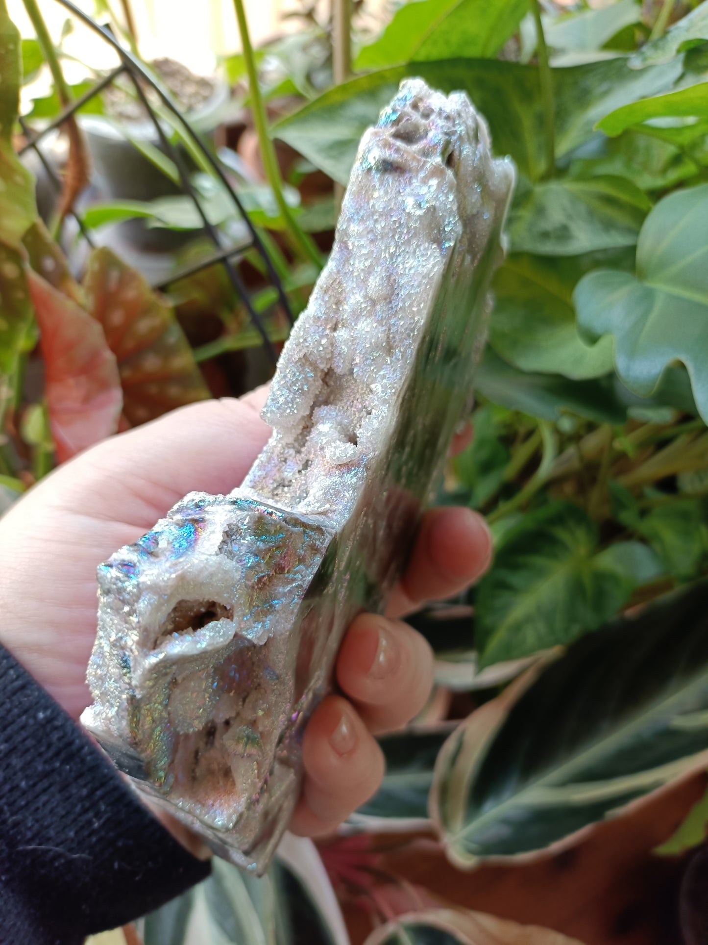 Aura Coated Brecciated Quartz Chalcedony Slab + Stand - 620g